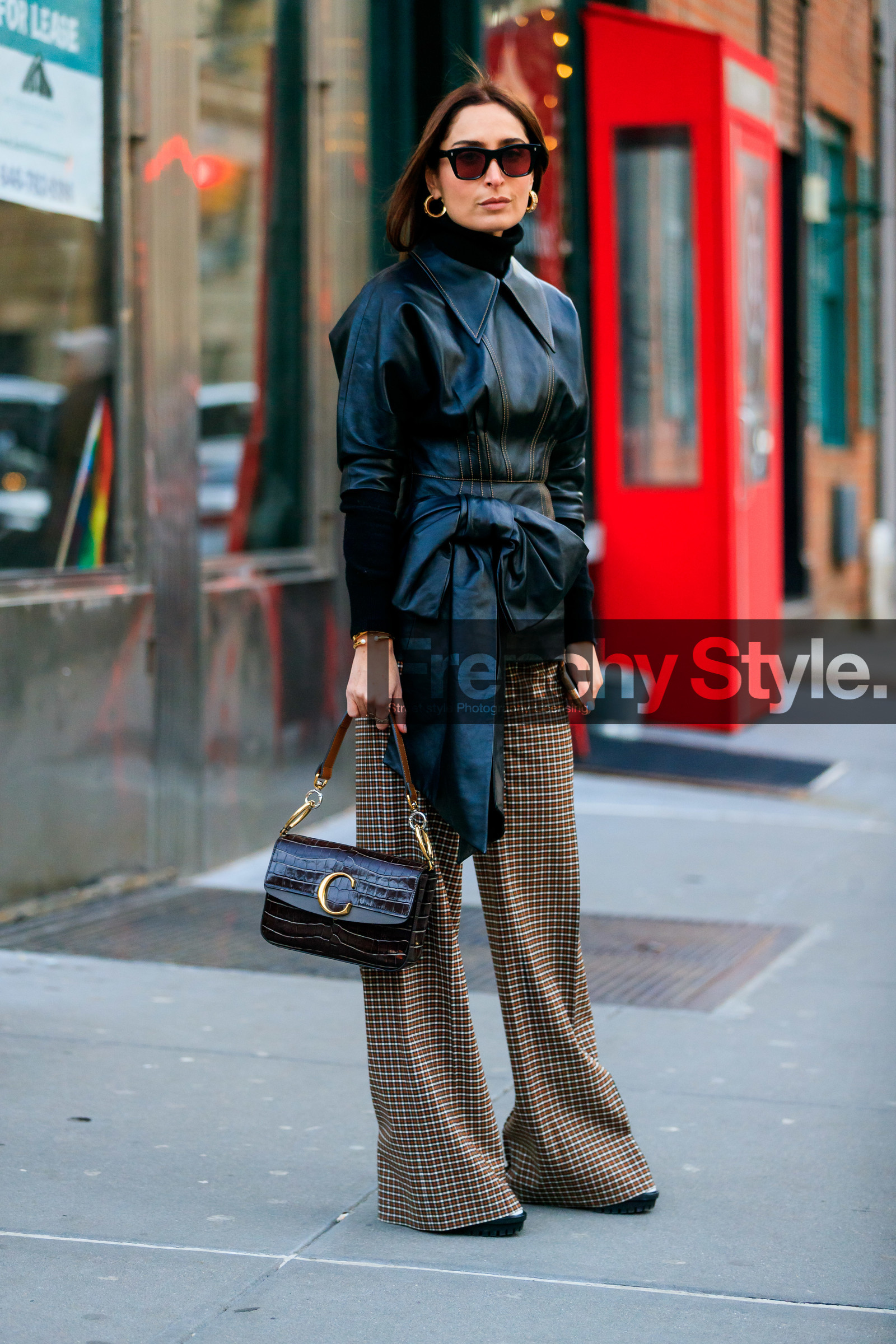 black bag, black top, black turtleneck, bow, brown bag, brown pants, checked, chloé, earrings, geraldine boublil, graphic pants, leather bag, leather top, plaid, printed pants, sunglasses, trousers, street style, jonathan paciullo, frenchystyle, NYFW, NEW YORK, AUTUMN WINTER 2019-2020, AW 19-20, FALL WINTER 2019-2020, FW 19-20, fashion week, FW, vertical, full length