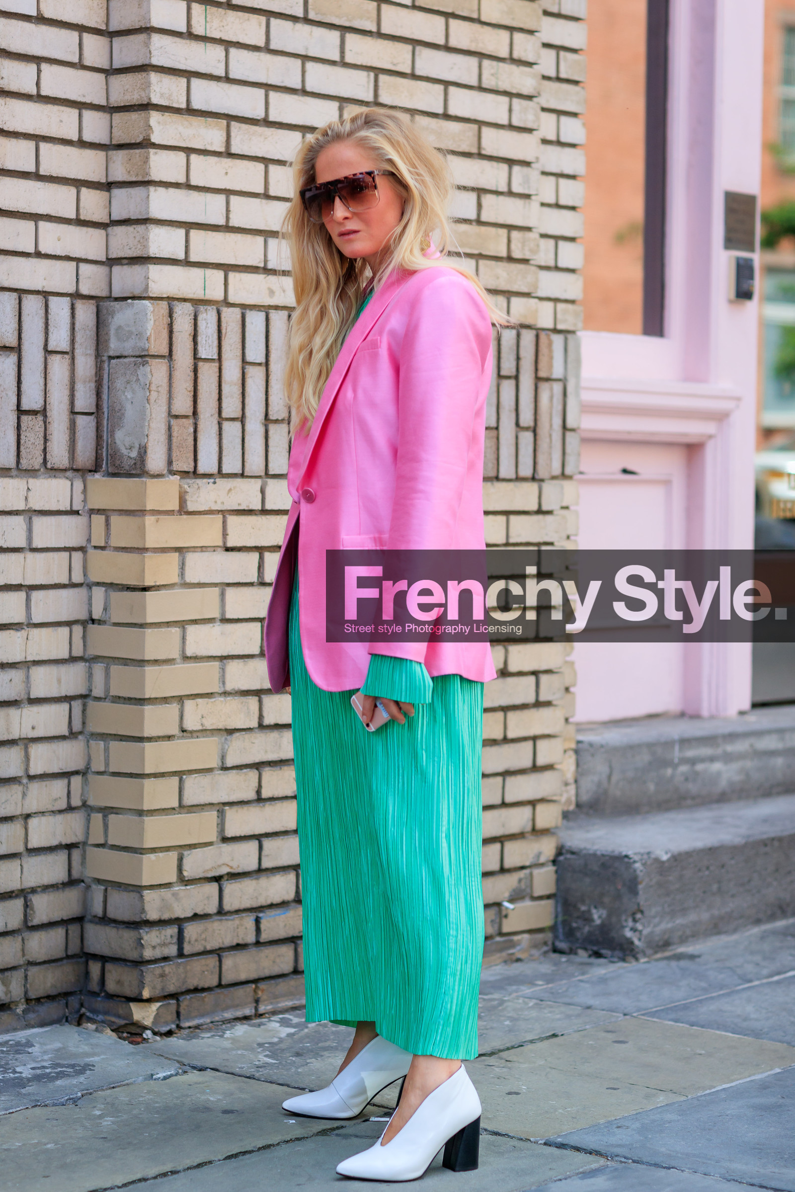 fashion week, frenchystyle, full length, FW, green dress, high heels, jonathan paciullo, leather shoes, NEW YORK, NYFW, pink jacket, pleated dress, SPRING SUMMER 2018, SS 18, street style, sunglasses, vertical, white shoes