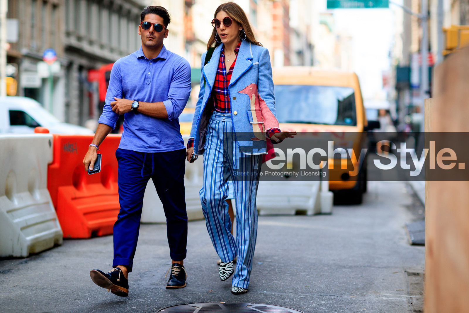 animal print, atmosphere details, black and white shoes, black shoes, blazer, blue jacket, blue pants, blue polo shirt, checked shirt, fashion week, frenchystyle, full length, FW, graphic pants, graphic shirt, horizontal, jonathan paciullo, leather shoes, NEW YORK, NYFW, plaid, printed jacket, printed pants, red shirt, SPRING SUMMER 2018, SS 18, street style, striped pants, sunglasses, tartan, trousers, zebra