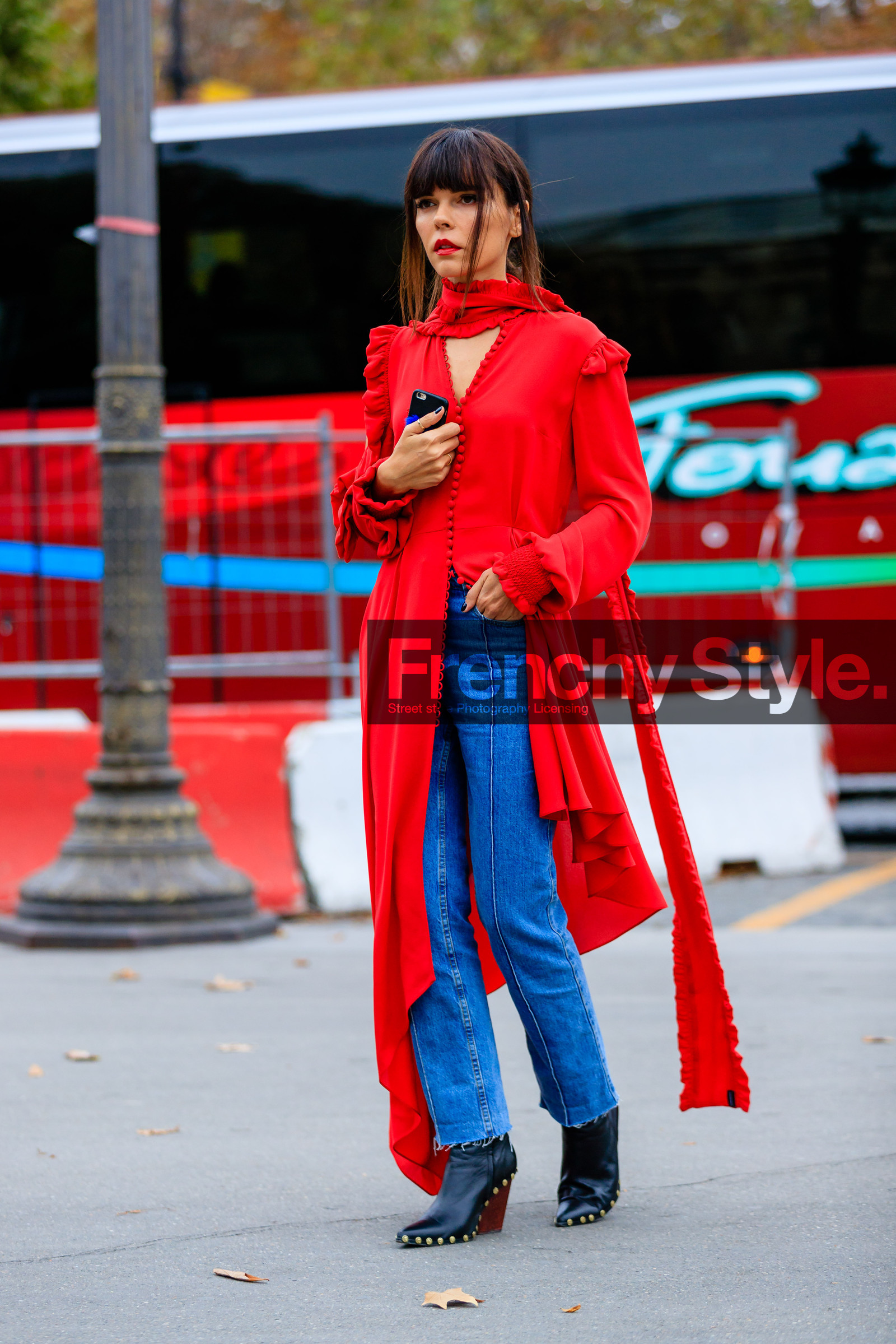 black boots, blue denim, denim pants, Evangelie Smyrniotaki, fashion week, frenchystyle, full length, FW, high heels, jeans, jonathan paciullo, leather shoes, PARIS, PFW, red dress, red jacket, red shirt, ruffle, SPRING SUMMER 2017, SS 17, street style, trousers, vertical