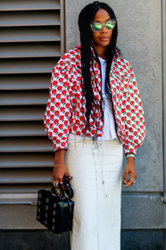 atmosphere details, black bag, braids, denim skirt, detail, fashion week, frenchystyle, FW, graphic jacket, jan-michael quammie, jonathan paciullo, leather bag, NEW YORK, NYFW, printed jacket, red jacket, rings, SPRING SUMMER 2018, SS 18, street style, sunglasses, vertical, white denim, white shirt