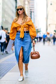 blue denim, brown bag, cropped top, céline, denim skirt, fashion week, frenchystyle, full length, FW, high heels, jonathan paciullo, leather bag, leather shoes, lisa aiken, necklace, NEW YORK, NYFW, orange shirt, SPRING SUMMER 2018, SS 18, street style, sunglasses, vertical, white shoes