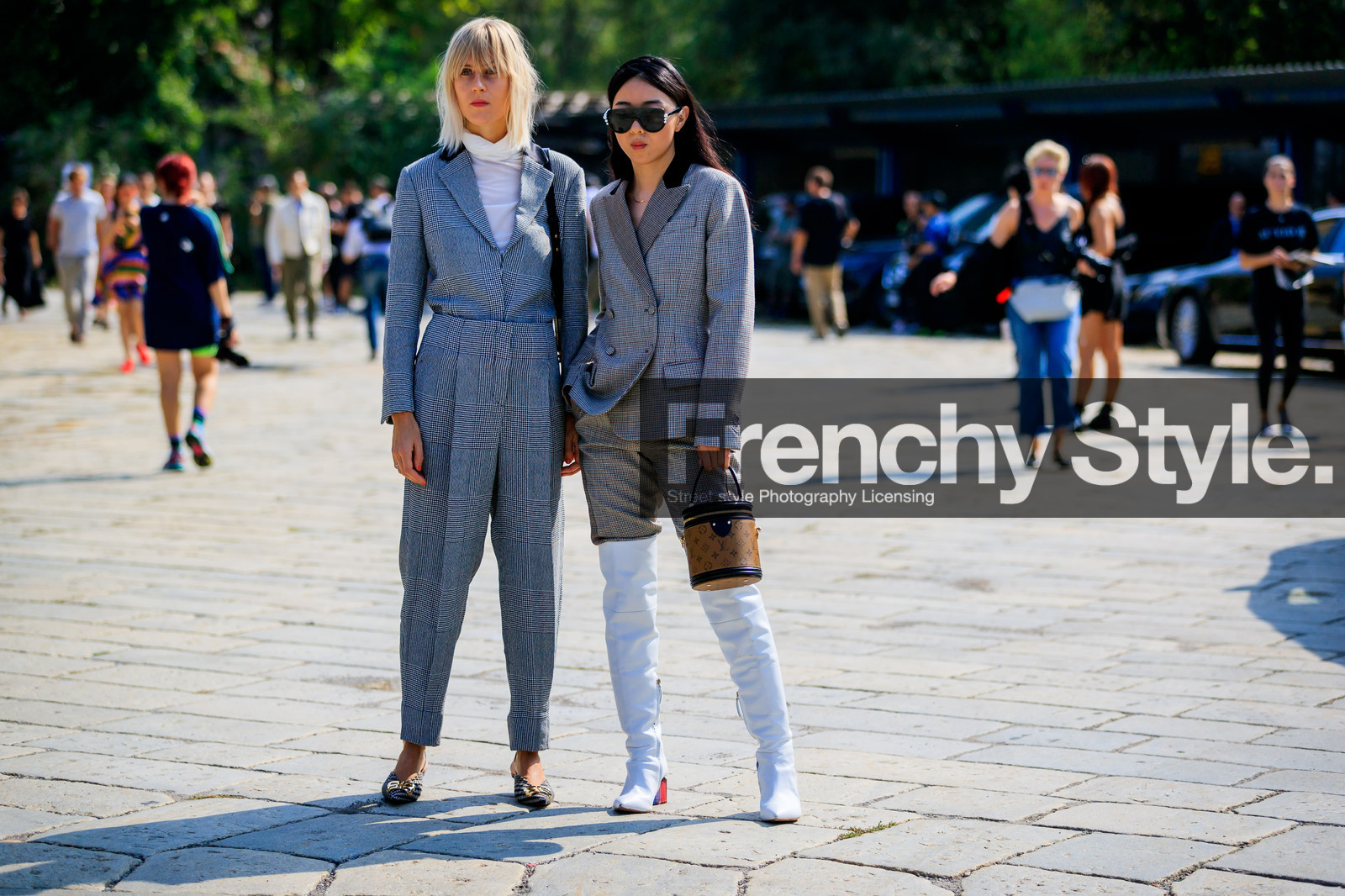balenciaga, blazer, camel bag, checked, graphic bag, graphic jacket, graphic pants, graphic suit, grey jacket, grey pants, grey suit, high boots, high heels, houndstooth pattern, leather bag, leather shoes, linda tol, mcm, monogram, plaid, printed bag, printed jacket, printed pants, printed suit, sunglasses, trousers, white boots, white sweater, yuyu zhangzou, street style, jonathan paciullo, FW, frenchystyle, fashion week, MFW, MILAN, SPRING SUMMER 2019, SS 19, atmosphere details, horizontal, full length