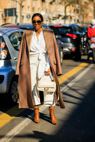 tortoise sunglasses, brown trench, baguette fendi bag, white handbag, camel boots, leather boots, full white look, white pants, tiffany reid, fashion week, frenchystyle, FW, jonathan paciullo, street style, MFW, MILAN, FALL WINTER 2022_2023, AUTUMN WINTER 2022-2023, FW 22-23, vertical, full length