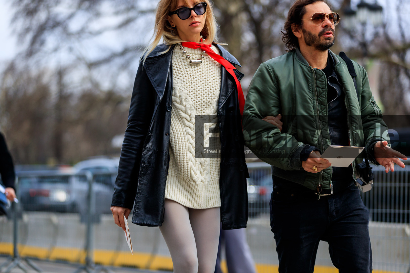 black coat, black denim, bomber jacket, denim pants, green jacket, jeans, leather coat, necklace, red scarf, sunglasses, tights, trousers, white sweater, street style, jonathan paciullo, FW, frenchystyle, fashion week, PFW, PARIS, AUTUMN WINTER 2018-2019, FALL WINTER 2018-2019, FW 18-19, horizontal, atmosphere details