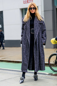 ada kokosar, black tights, plastic shoes, ruffle shoes, sharp end shoes, kitten heels slippers, polka dots shoes, pearl embroidered shoes, black dress, black coat, black leather belt, big belt, silvered buckle belt, knit dress, knitwear, turtleneck dress, black sunglasses, golden sunglasses, checked coat, herringbone printed coat, fashion week, frenchystyle, FW, jonathan paciullo, street style, NYFW, NEW YORK, AUTUMN WINTER 2020-2021, FALL WINTER 2020-2021, FW 20-21, vertical, full length