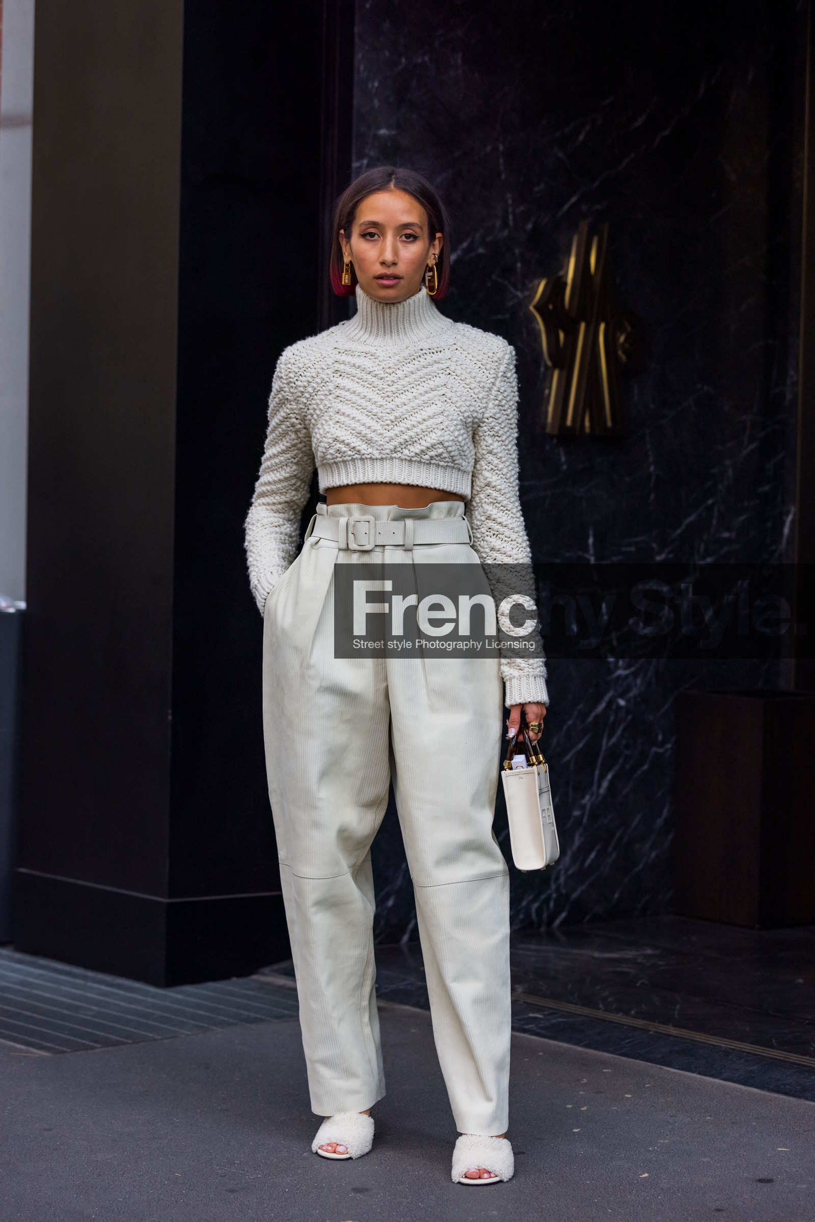 Alexandra Guerain, corduroy pants, crop knit, fluffy shoes, monochrome, pants, white knit, white monochrome, white pants, fashion week, frenchystyle, FW, jonathan paciullo, street style, MFW, MILAN, SPRING SUMMER 2022, SS 22, vertical, full length