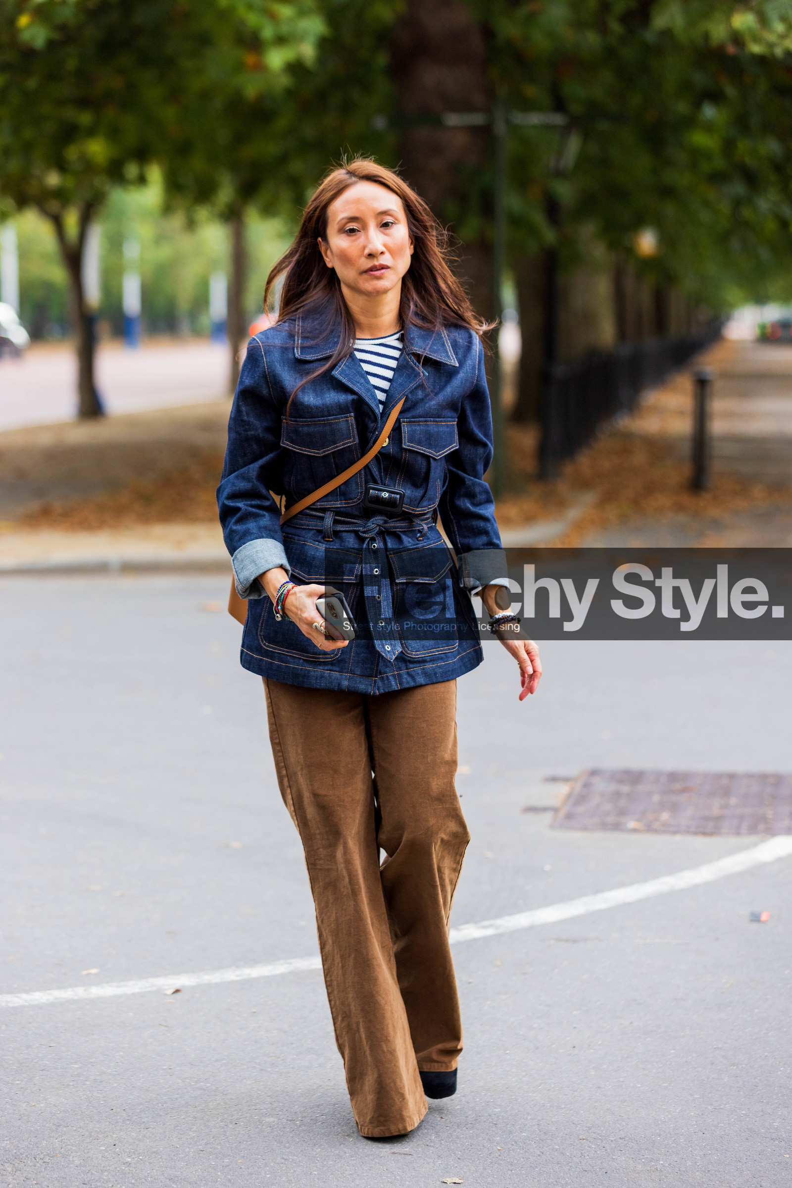 denim, jacket, trousers, brown, crossbody, stripes, fashion week, frenchystyle, FW, jonathan paciullo, street style, SS 22, SPRING SUMMER 2022, LFW, LONDON, vertical, full length