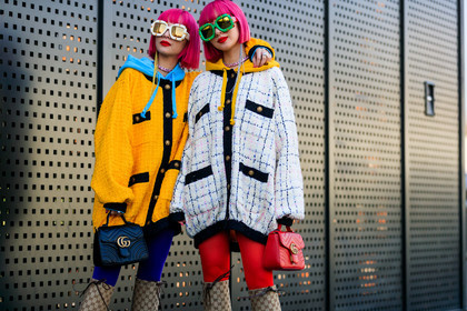 Ami and Aya Suzuki, beige boots, blue sweater, checked, dyed hair, graphic jacket, gucci, high boots, hoodie, monogram, necklace, pink hair, plaid, printed jacket, red bag, sunglasses, tights, tweed jacket, white jacket, yellow jacket, fashion week, frenchystyle, FW, jonathan paciullo, street style, MFW, MILAN, AUTUMN WINTER 2019-2020, AW 19-20, FALL WINTER 2019-2020, FW 19-20, atmosphere details, detail, horizontal