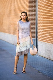 ruffles dress, midi dress, night dress, black sandals, fendi handbag, pink handbag, moon bag, charleston look, karina nigay, fashion week, frenchystyle, FW, jonathan paciullo, street style, MFW, MILAN, FALL WINTER 2022_2023, AUTUMN WINTER 2022-2023, FW 22-23, vertical, full length