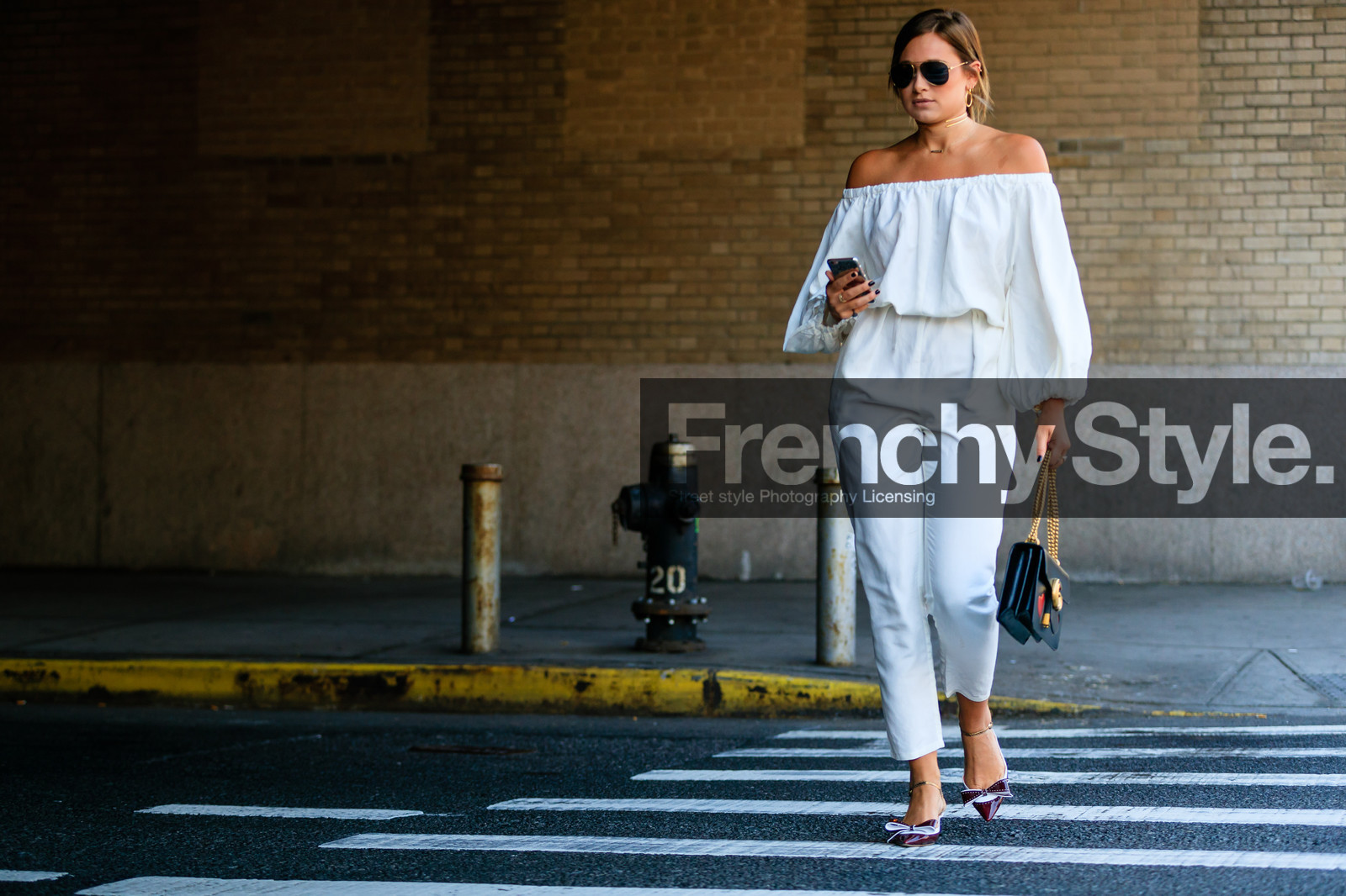 atmosphere details, black bag, carola bernard, choker, danielle bernstein, fashion week, frenchystyle, full length, FW, horizontal, iphone, jonathan paciullo, leather bag, leather shoes, NEW YORK, NYFW, off the shoulder, printed bag, red shoes, SPRING SUMMER 2017, SS 17, street style, sunglasses, white jumpsuit, woman