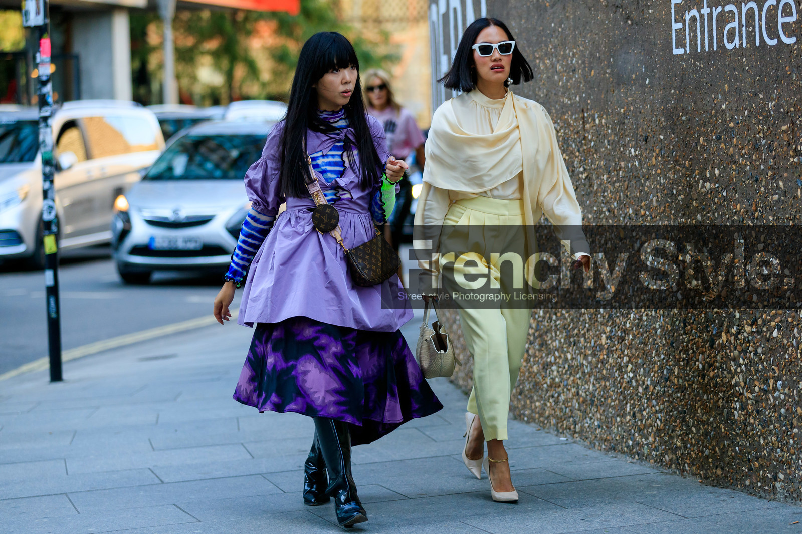 susie lau, Tiffany Hsu, yellow total look, white sunglasses, silk blouse, light yellow pants, sharp end shoes, high heels shoes, animal skin bag, white leather bag, purple dress, louis vuitton bag, tie and dye dress, black leather boots, turtleneck top, tie and dye top, long sleeve blouse, long sleeves top, neon top, saint laurent sunglasses, fashion week, frenchystyle, FW, jonathan paciullo, street style, atmosphere details, horizontal, full length