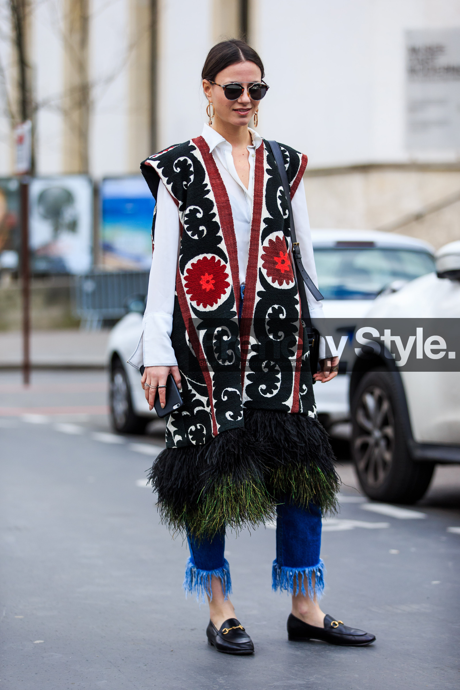 alina gelzina, AUTUMN WINTER 2016-2017, AW 16-17, black loafers, blue denim, denim pants, embroidered jacket, FALL WINTER 2016-2017, fashion week, feathers, frenchystyle, full length, FW, FW 16-17, gucci, jeans, jonathan paciullo, leather shoes, mocassins, PARIS, PFW, printed jacket, ripped pants, sleeveless, street style, sunglasses, trousers, vertical, white shirt, zina charkoplia