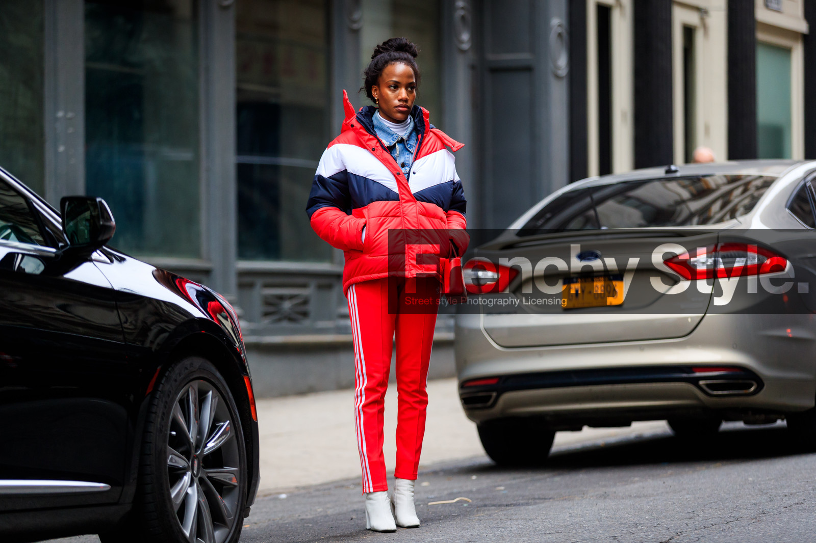 adidas, blue denim, denim jacket, down jacket, graphic jacket, high heels, leather bag, leather shoes, printed jacket, red bag, red jacket, red pants, sweatpants, trousers, white shoes, street style, jonathan paciullo, FW, frenchystyle, fashion week, NYFW, NEW YORK, AUTUMN WINTER 2018-2019, AW 18-19, FALL WINTER 2018-2019, FW 18-19, atmosphere details, horizontal, full length, gabby prescod