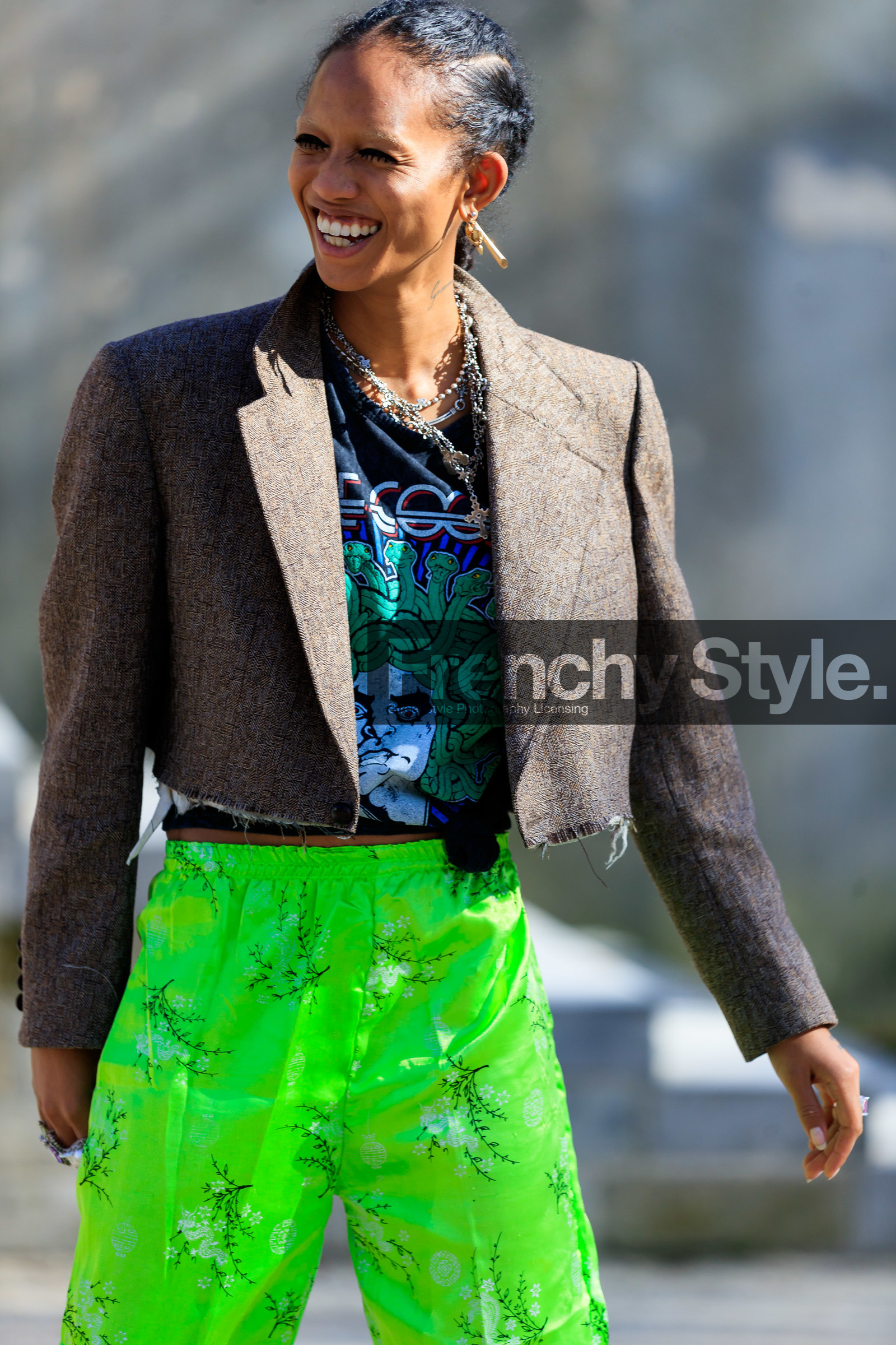 adesuwa, adesuwa aighewi, black t shirt, blazer, brown jacket, earrings, graphic pants, green pants, model, necklace, printed pants, printed t shirt, pulled back hair, trousers, fashion week, frenchystyle, FW, jonathan paciullo, street style, PFW, PARIS, AUTUMN WINTER 2019-2020, AW 19-20, FALL WINTER 2019-2020, FW 19-20, vertical, atmosphere details, detail