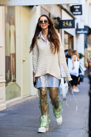 aviator sunglasses, sheer skirt, sheer pants, sheer sunglasses, white blouse, white top, white pullover, white leather bag, white leather boots, white boots, plastic pants, plastic skirt, green pants, big sole boots, plaited bag, knot details bag, flat boots, acne studios bag, acne studios shirt, acne studios skirt, acne studios look, acne studios shoes, acne studios boots, estelle pigault, fashion week, frenchystyle, FW, jonathan paciullo, street style, PFW, PARIS, SPRING SUMMER 2022, SS 22, vertical, full length