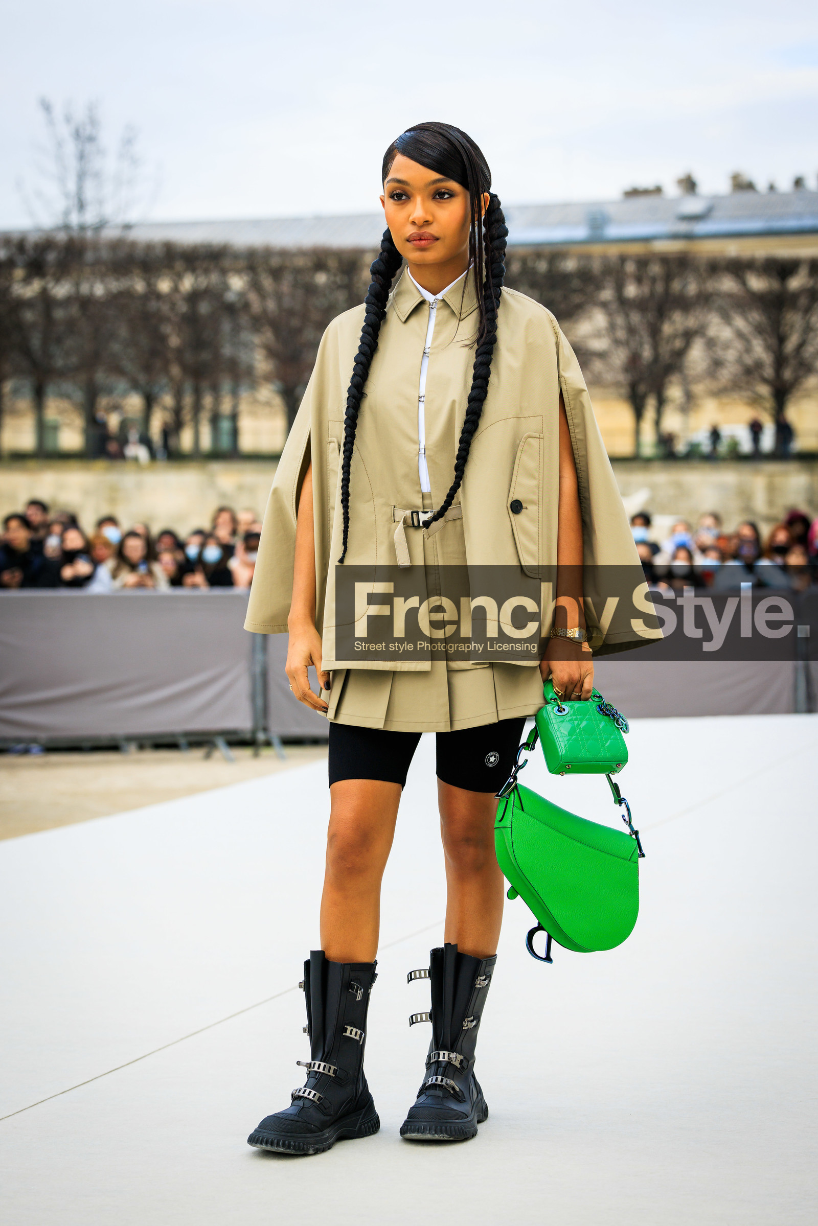 boots, black boots biker shorts, mini lady dior bag, green bag, saddle bag, dior bag, beige cape, dior, long braids, golden watch, earrings, white shirt, fashion week, frenchystyle, FW, jonathan paciullo, street style, AUTUMN WINTER 2022-2023, FALL WINTER 2022_2023, FW 22-23, PFW, PARIS, vertical, full length