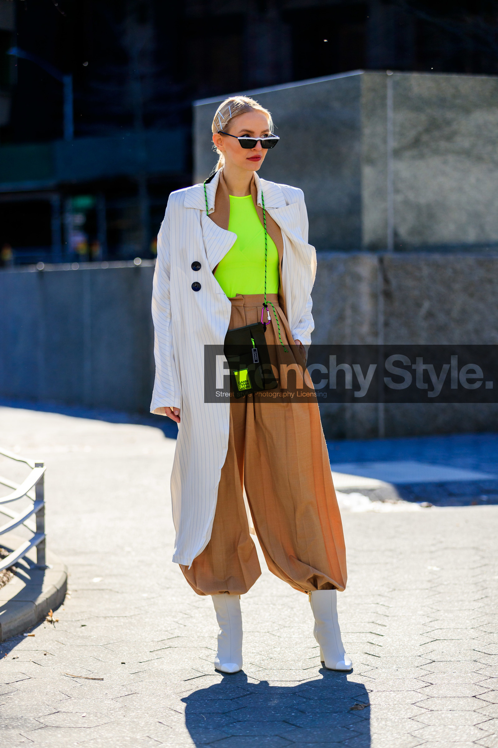 beige pants, black bag, ganni, green top, high waist, leather bag, leather shoes, leonie hanne, stripes, sunglasses, trousers, white boots, white coat, street style, jonathan paciullo, frenchystyle, NYFW, NEW YORK, AUTUMN WINTER 2019-2020, AW 19-20, FALL WINTER 2019-2020, FW 19-20, fashion week, FW, vertical, full length
