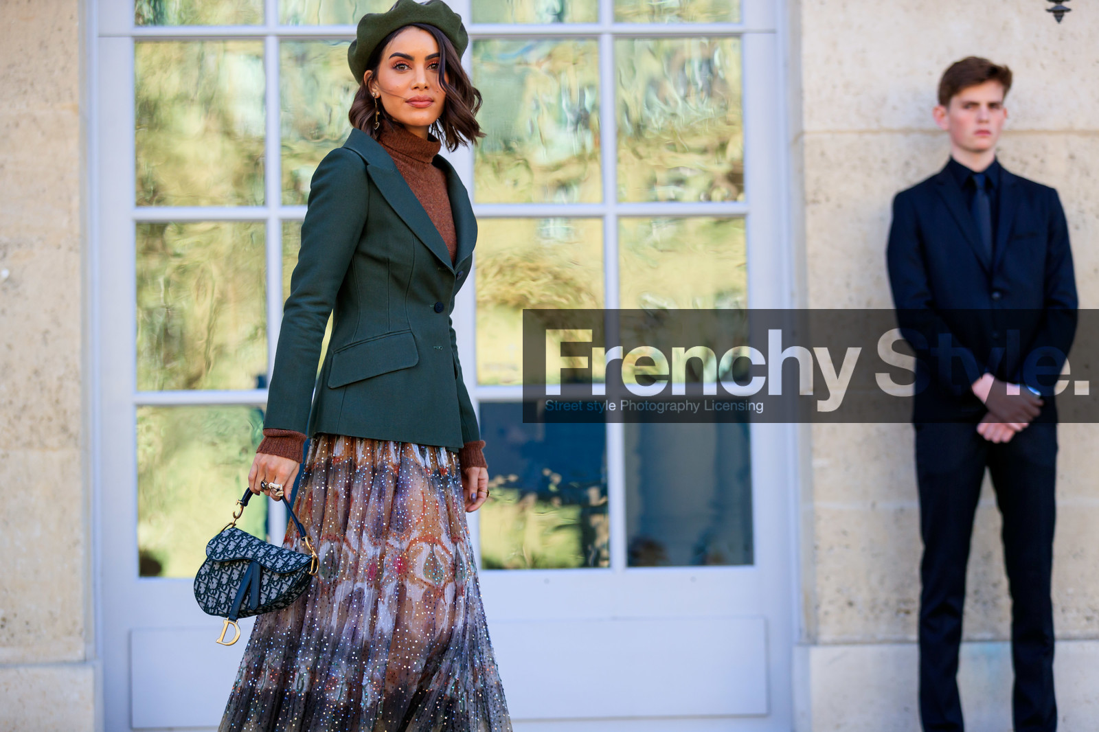 beret, blazer, brown sweater, camila coelho, christian dior, embroidered skirt, graphic bag, graphic skirt, green bag, green hat, green jacket, leather bag, monogram, printed bag, printed skirt, saddle bag, sequined skirt, PARIS, PFW, street style, jonathan paciullo, FW, frenchystyle, fashion week, AUTUMN WINTER 2019-2020, AW 19-20, FALL WINTER 2019-2020, FW 19-20, horizontal, atmosphere details, detail