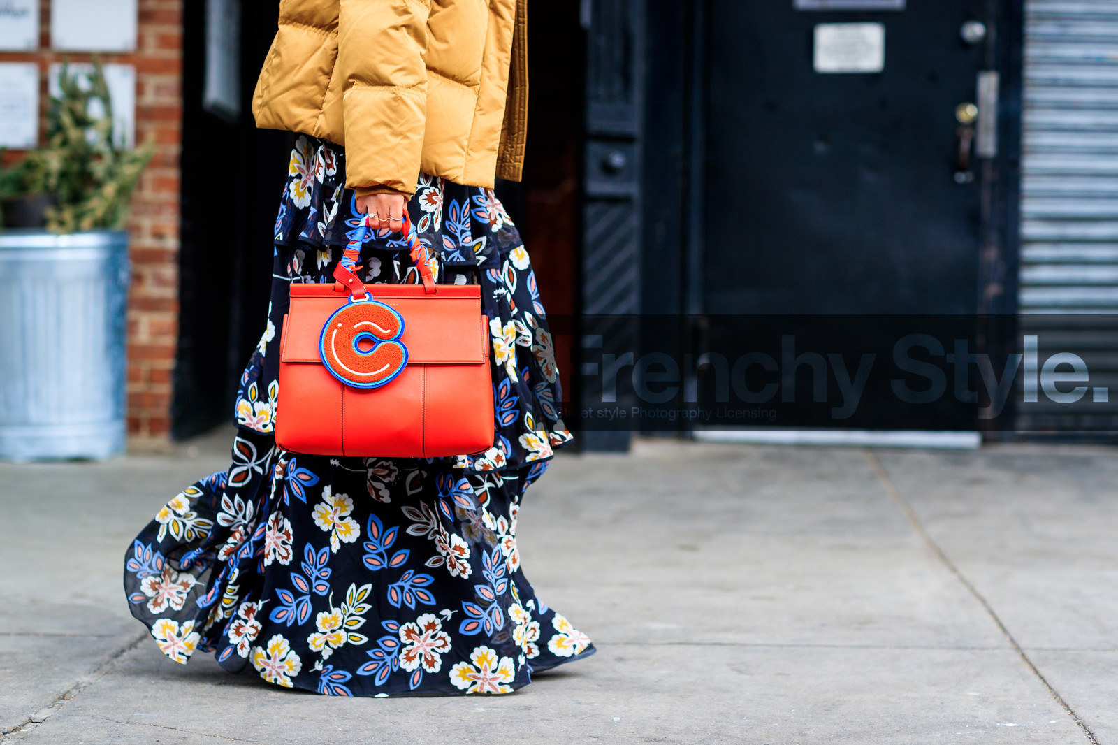 atmosphere details, AUTUMN WINTER 2017-2018, AW 17-18, Charlotte Groeneveld, detail, down jacket, FALL WINTER 2017-2018, fashion week, floral, flower, frenchystyle, FW, FW 17-18, horizontal, jonathan paciullo, leather bag, long dress, NEW YORK, NYFW, printed bag, printed dress, purple dress, red bag, street style, tory burch, yellow jacket