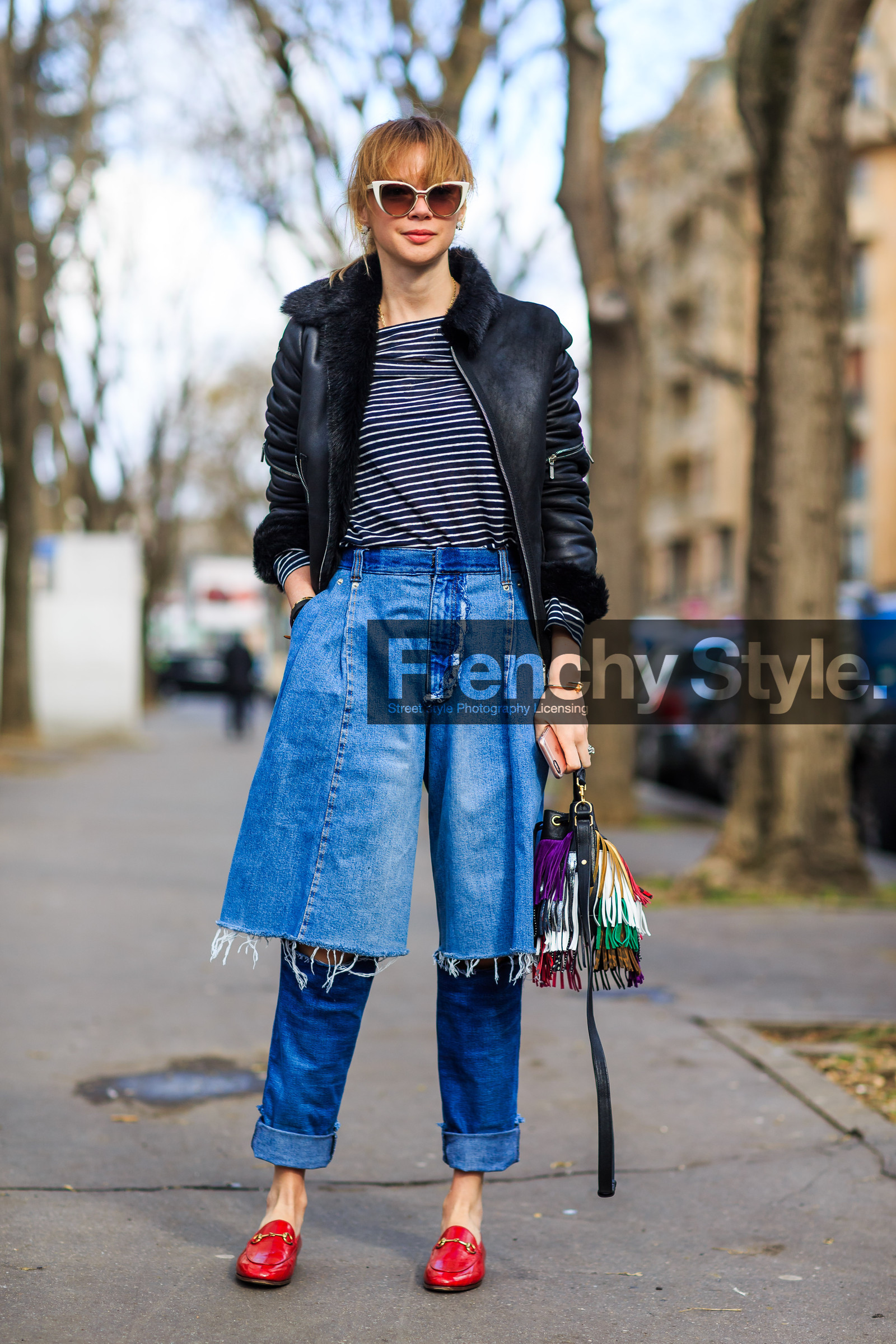 AUTUMN WINTER 2016-2017, AW 16-17, black jacket, black perfecto, blue denim, denim pants, denim shorts, FALL WINTER 2016-2017, fashion week, frenchystyle, fringes, full length, FW, FW 16-17, gucci, jeans, jonathan paciullo, layers, leather bag, leather jacket, leather perfecto, leather shoes, mules, multicolor bag, PARIS, PFW, red shoes, shearling, street style, sunglasses, trousers, vertical, zip