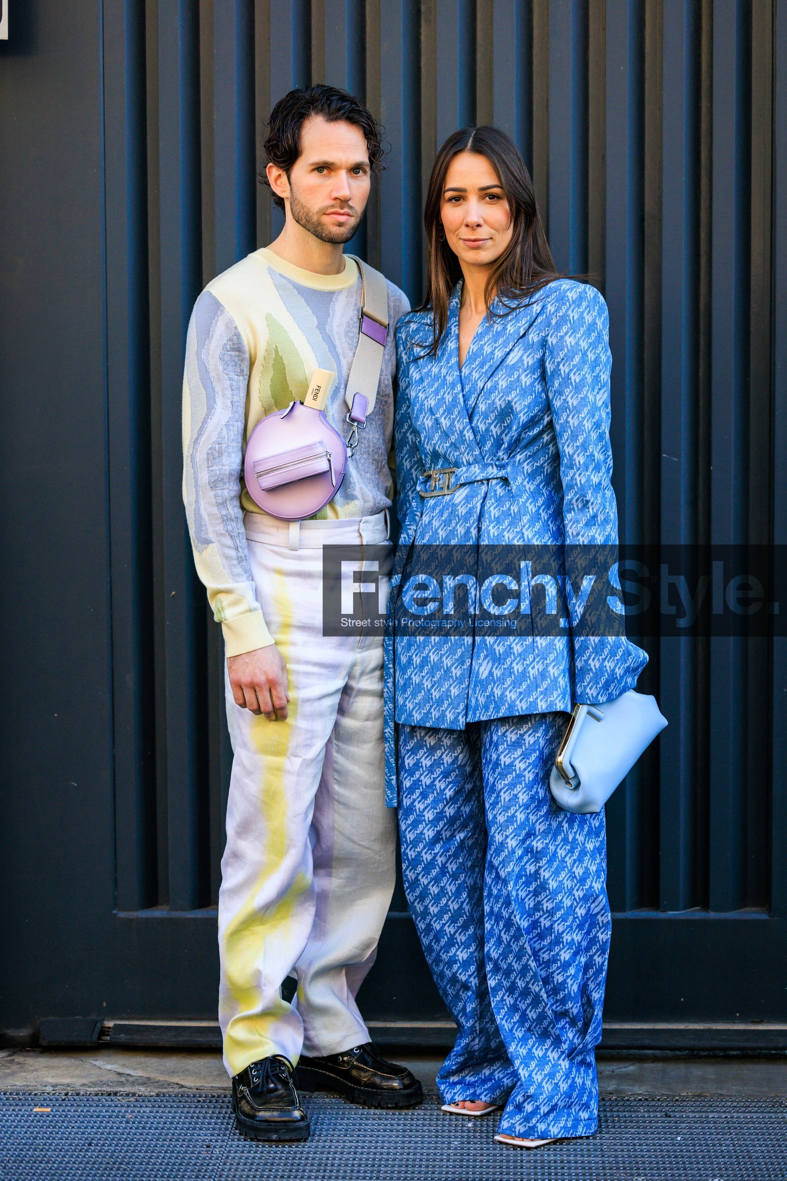 fendi, crossbody bag, purple crossbody bag, blue suit, printed suit, blue fendi suit, blue blazer, printed blazer, fendi belt, knitted multicolor jumper, multicolor pants, fendi pouch, blue pouch, black derbies, JS roques, alice barbier, alice & j.s, fashion week, frenchystyle, FW, jonathan paciullo, street style, MFW, MILAN, FALL WINTER 2022_2023, AUTUMN WINTER 2022-2023, FW 22-23, vertical, full length