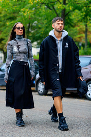alice & j.s, alice barbier, JS roques, prada sneakers, black sneackers, black boots, black skirt, black sunglasses, black top, laced boots, mid long skirt, printed top, striped top, turtleneck top, tight top, fashion week, frenchystyle, FW, jonathan paciullo, street style, SPRING SUMMER 2020, SS 20, PFW, PARIS, vertical, full length