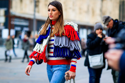 atmosphere details, AUTUMN WINTER 2017-2018, AW 17-18, blue denim, denim pants, detail, embroidered jacket, FALL WINTER 2017-2018, fashion week, frenchystyle, FW, FW 17-18, graphic jacket, graphic sweater, horizontal, jeans, jonathan paciullo, MFW, MILAN, printed jacket, street style, striped sweater, stripes, trousers