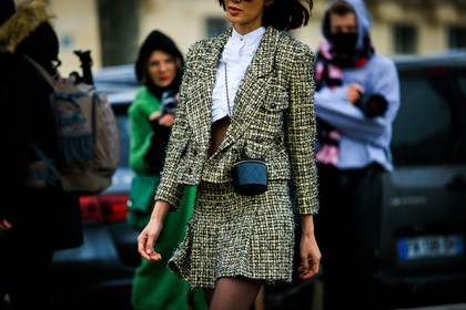 tweed set, chanel, tweed jacket, tweed skirt, mini skirt, yellow jacket, yellow skirt, pleated skirt, cylinder bag, mini bag, chanel bag, crossbody bag, black tights, white top, cropped top, black sunglasses, fashion week, frenchystyle, FW, jonathan paciullo, street style, PARIS, PFW, SPRING SUMMER 2022, SS 22, atmosphere details, detail, horizontal, Chriselle Lim