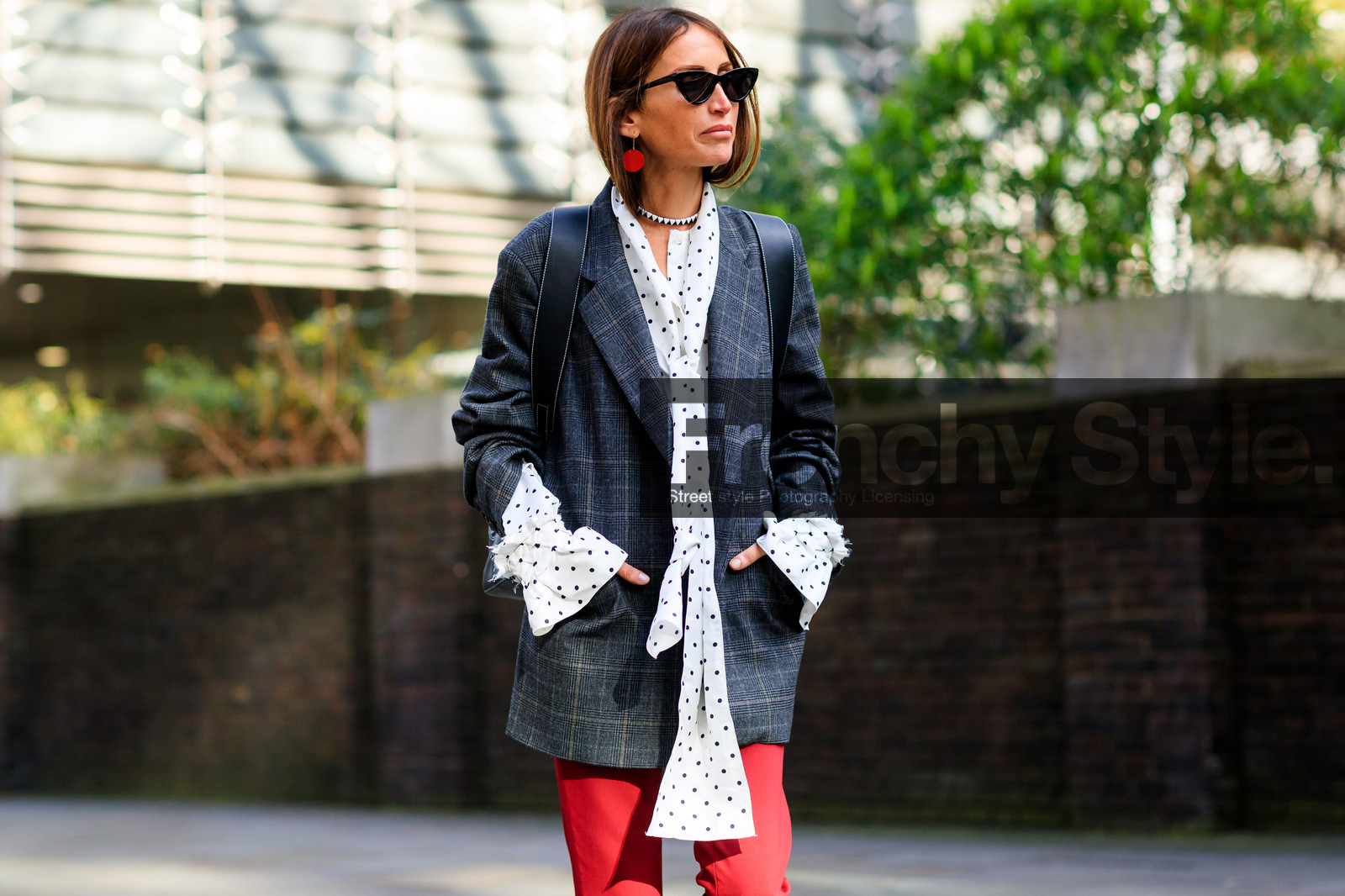 checked, earrings, graphic jacket, graphic shirt, grey jacket, necklace, plaid, polka dot, printed jacket, printed shirt, red pants, sunglasses, trousers, white shirt, street style, jonathan paciullo, FW, frenchystyle, fashion week, LFW, LONDON, AUTUMN WINTER 2018-2019, AW 18-19, FALL WINTER 2018-2019, FW 18-19, horizontal, atmosphere details, detail, chloe loulou de saison