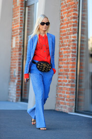 black bag, black shoes, blazer, blue jacket, blue pants, blue suit, embroidered bag, fanny pack, fashion week, frenchystyle, full length, FW, graphic bag, graphic jacket, graphic pants, graphic suit, gucci, high heels, jonathan paciullo, leather bag, leather shoes, MFW, MILAN, printed bag, printed jacket, printed pants, printed suit, red sweater, SPRING SUMMER 2018, SS 18, street style, sunglasses, thora valdimars, trousers, vertical