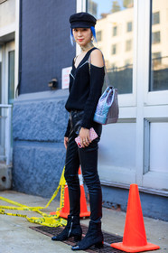 black cap, black pants, black shoes, black sweater, blue hair, chanel, dyed hair, fashion week, frenchystyle, full length, FW, irene kim, jonathan paciullo, leather backpack, leather bag, leather pants, leather shoes, NEW YORK, NYFW, silver bag, SPRING SUMMER 2018, SS 18, street style, trousers, vertical