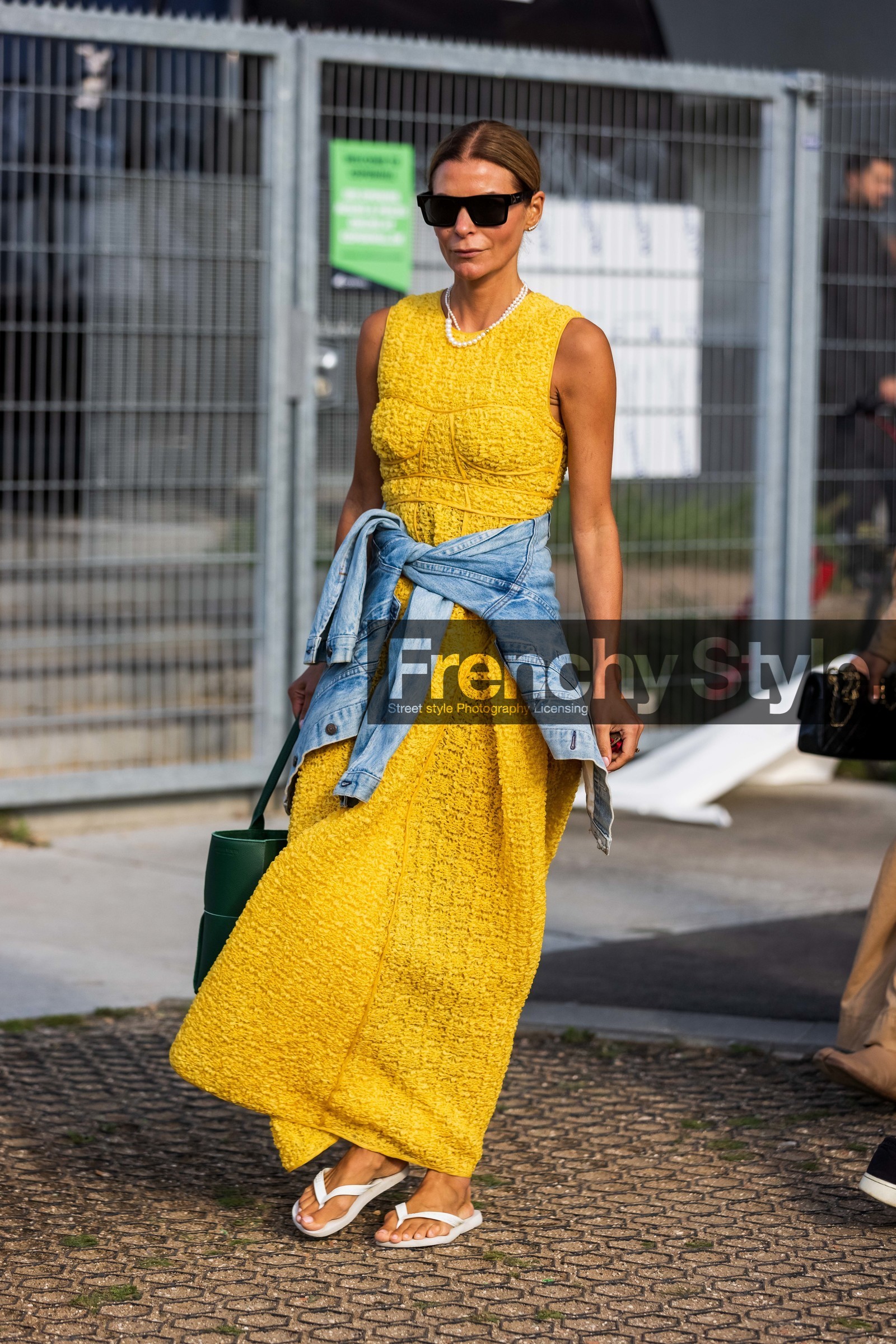 bag, black sunglasses, denim jacket, dress, flip flop, green bag, jacket, long dress, necklace, pearl necklace, sunglasses, white flip flop, yellow dress, fashion week, frenchystyle, FW, jonathan paciullo, street style, CPHFW, COPENHAGEN, SS 22, SPRING SUMMER 2022, vertical, full length