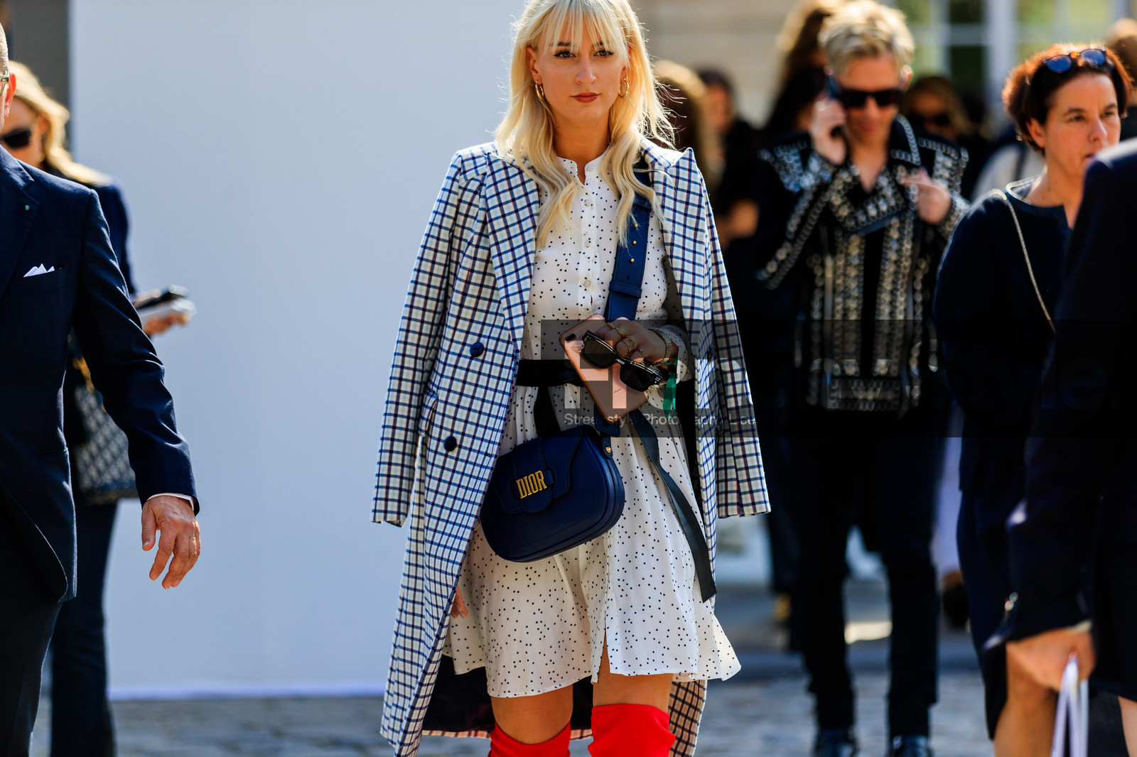 atmosphere details, black bag, black belt, checked coat, christian dior, detail, fashion week, frenchystyle, FW, graphic dress, graphic jacket, horizontal, jonathan paciullo, leather bag, noor, over the shoulder, PARIS, PFW, plaid, polka dot, printed dress, printed jacket, SPRING SUMMER 2018, SS 18, street style, white dress