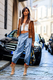 AUTUMN WINTER 2017-2018, AW 17-18, beige boots, black bag, blue pants, brown jacket, chains, corset, cropped top, FALL WINTER 2017-2018, fashion week, frenchystyle, full length, FW, FW 17-18, joan smalls, jonathan paciullo, leather bag, leather shoes, MFW, MILAN, model, street style, suede jacket, suede shoes, trousers, vertical, white top