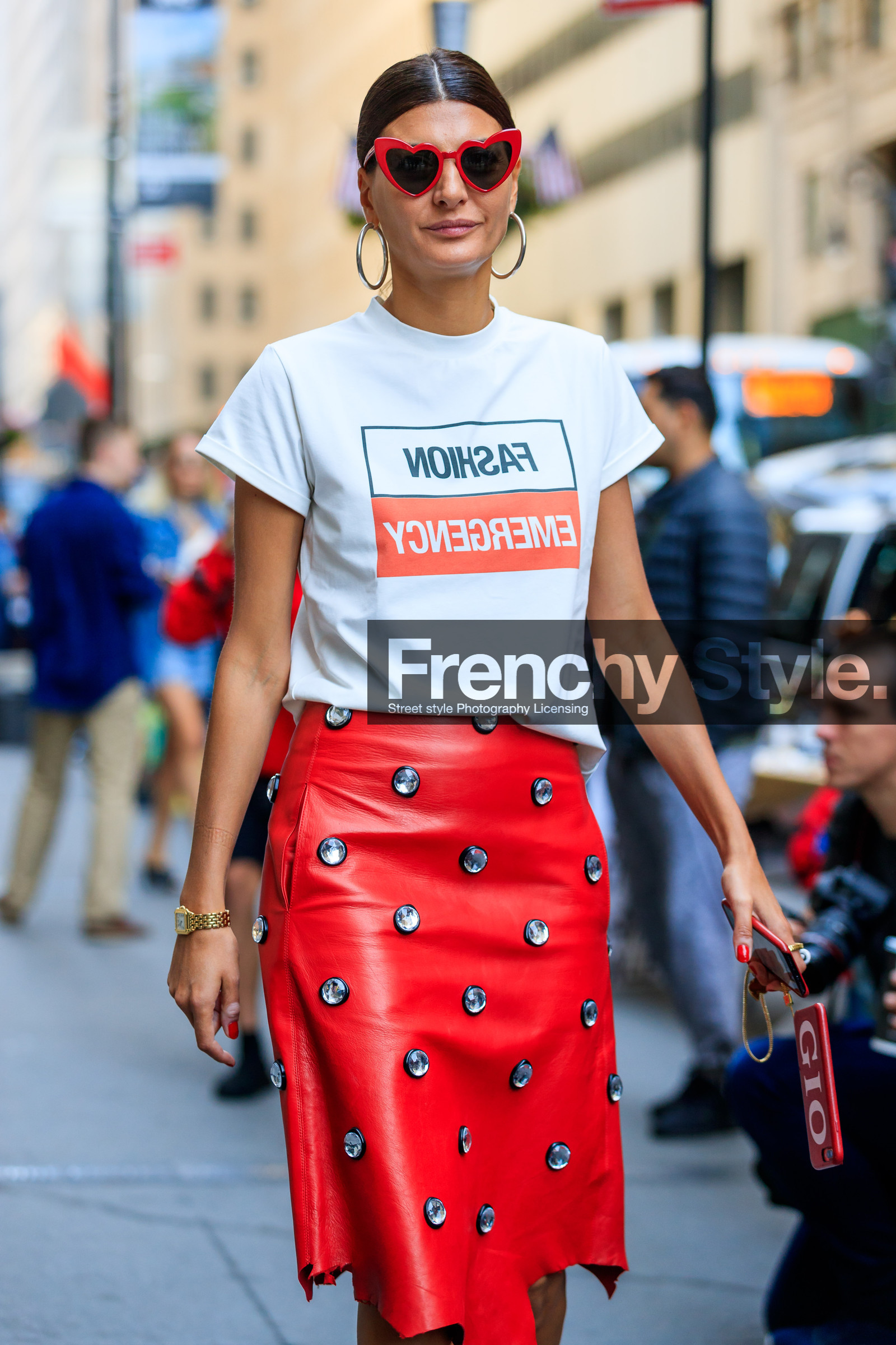 atmosphere details, detail, embroidered skirt, fashion week, frenchystyle, fun sunglasses, FW, giovanna battaglia, iphone, jonathan paciullo, leather skirt, NEW YORK, NYFW, printed t shirt, red skirt, SPRING SUMMER 2018, SS 18, street style, studs, sunglasses, vertical, white t shirt