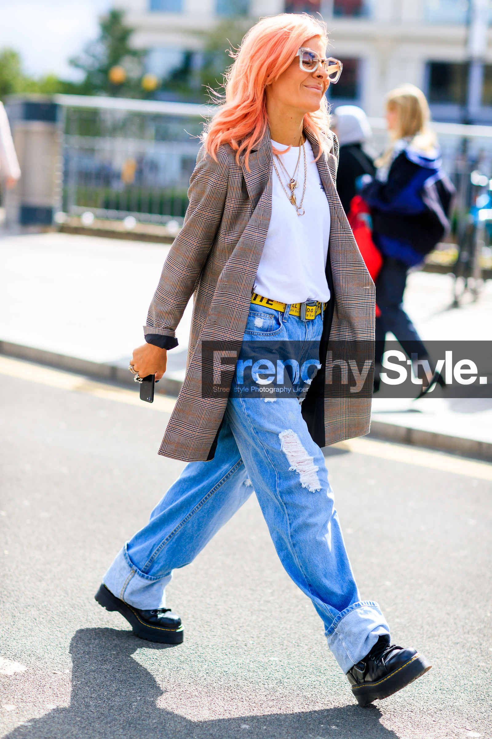 black shoes, blazer, blue denim, checked jacket, denim pants, dr martens, dyed hair, fashion week, frenchystyle, full length, FW, graphic jacket, jeans, jonathan paciullo, leather shoes, LFW, LONDON, off white, oversize, pink hair, plaid, printed jacket, ripped pants, SPRING SUMMER 2018, SS 18, street style, trousers, vertical, white t shirt