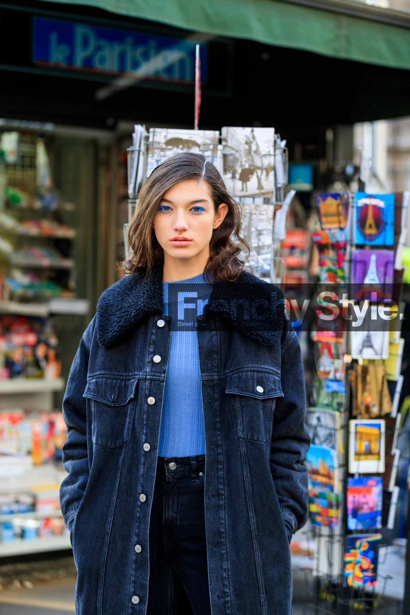 black denim, blue sweater, denim jacket, denim pants, eyelashes, fur collar, jeans, trousers, street style, jonathan paciullo, FW, frenchystyle, fashion week, PFW, PARIS, AUTUMN WINTER 2018-2019, FALL WINTER 2018-2019, FW 18-19, vertical, atmosphere details, model, mckenna hellam