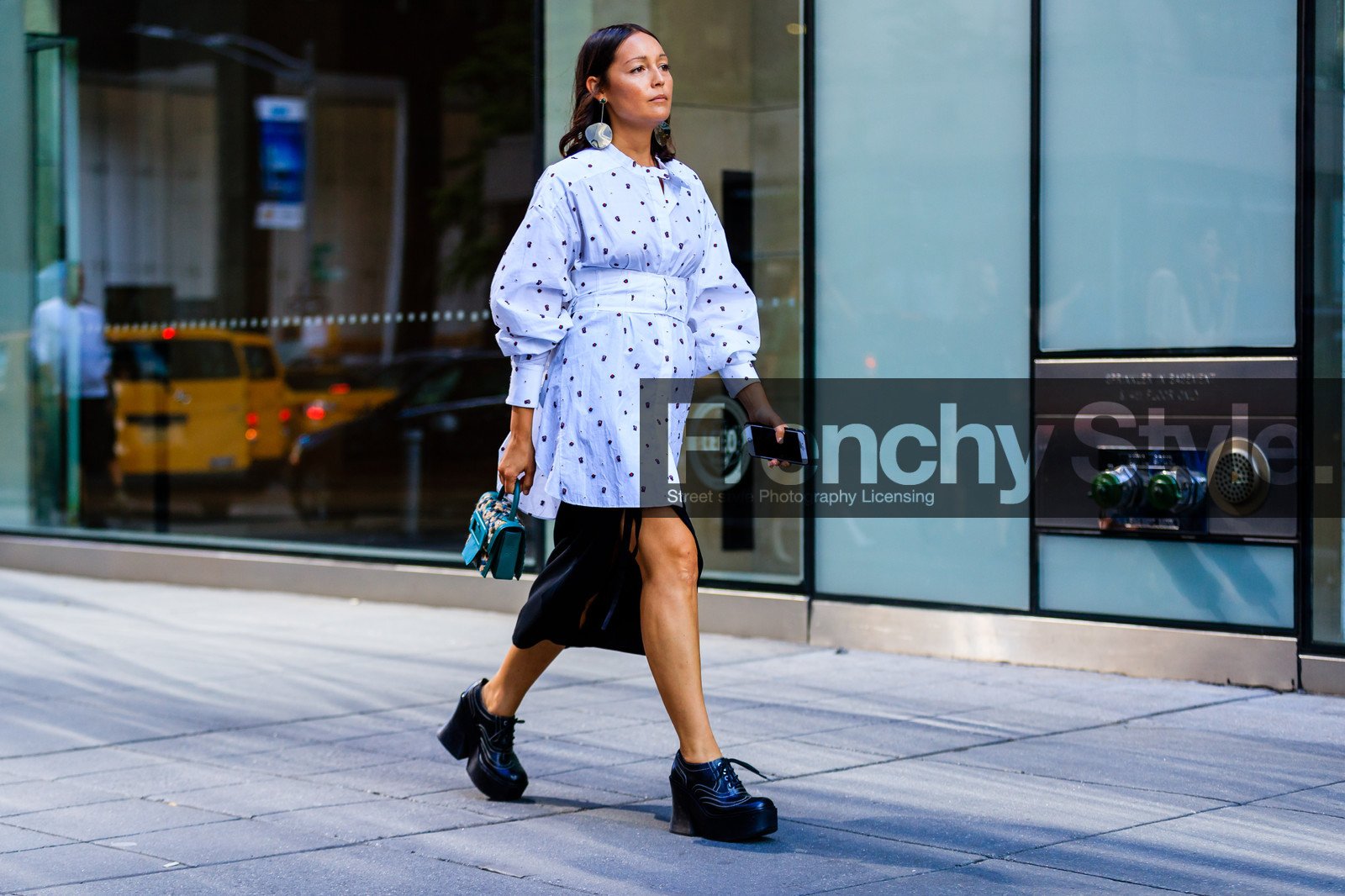 atmosphere details, black shoes, black skirt, blue bag, earrings, embroidered bag, fashion week, frenchystyle, full length, FW, high heels, horizontal, jonathan paciullo, leather bag, leather shoes, NEW YORK, NYFW, oversize, printed shirt, rachael wang, SPRING SUMMER 2017, SS 17, street style, white shirt, woman