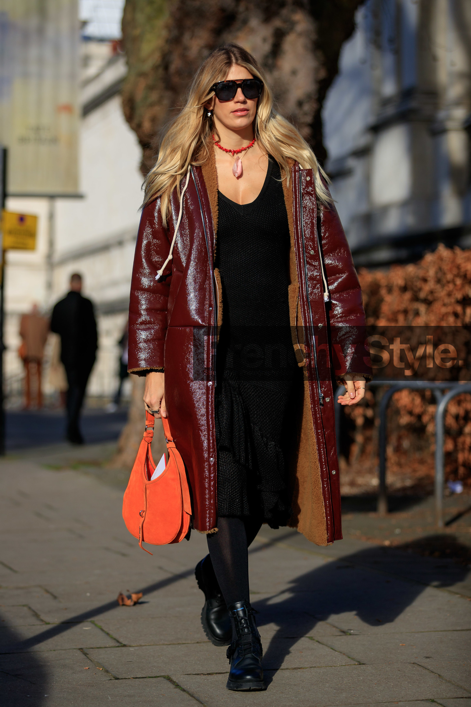 black dress, black shoes, bordeaux, burgundy, leather bag, leather coat, leather shoes, necklace, orange bag, red coat, sunglasses, tights, veronika heilbrunner, LONDON, LFW, fashion week, frenchystyle, FW, jonathan paciullo, street style, AUTUMN WINTER 2019-2020, AW 19-20, FW 19-20, FALL WINTER 2019-2020, vertical, full length