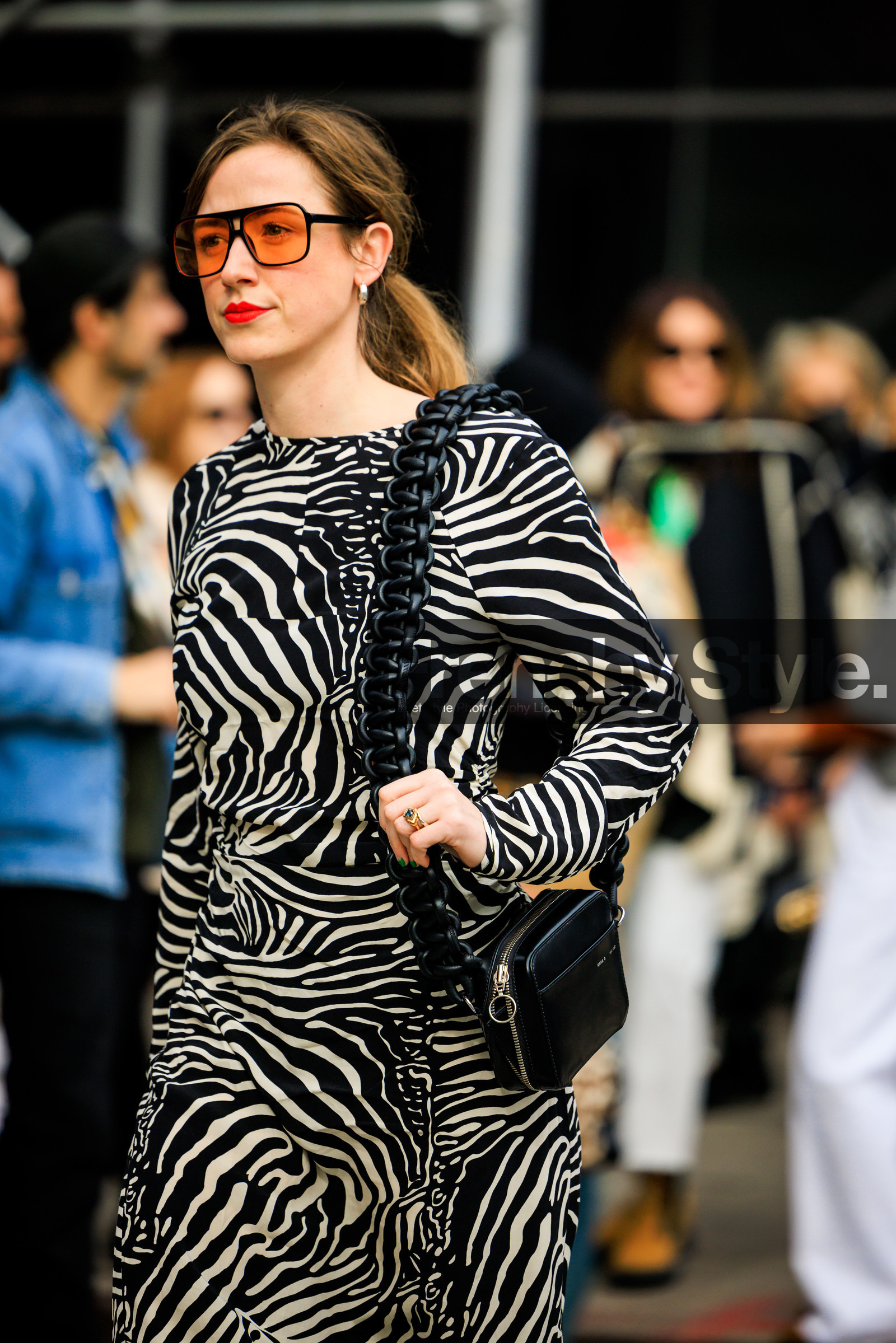 70s sunglasses, zebra printed dress, animal print dress, small black hangbag, red lops, fashion week, frenchystyle, FW, jonathan paciullo, street style, NYFW, NEW YORK, AUTUMN WINTER 2022-2023, FALL WINTER 2022_2023, FW 22-23, vertical, atmosphere details