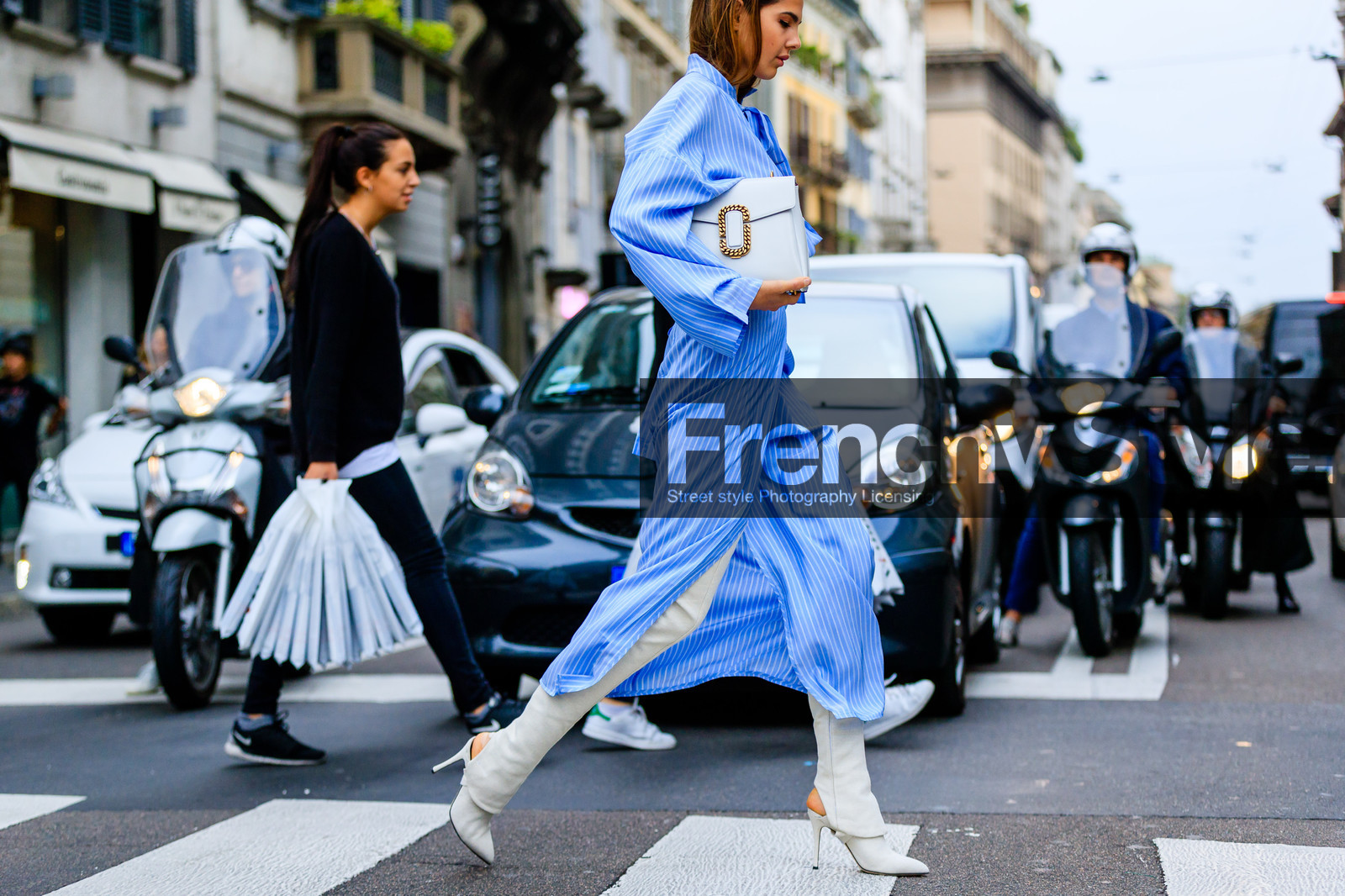 atmosphere details, blue dress, blue shirt, blue skirt, bow, bow collar, detail, Doina Ciobanu, fashion week, frenchystyle, FW, high boots, high heels, horizontal, jonathan paciullo, leather bag, leather shoes, men shirt, MFW, MILAN, shirt dress, SPRING SUMMER 2017, SS 17, street style, striped shirt, white bag, white bg, white boots