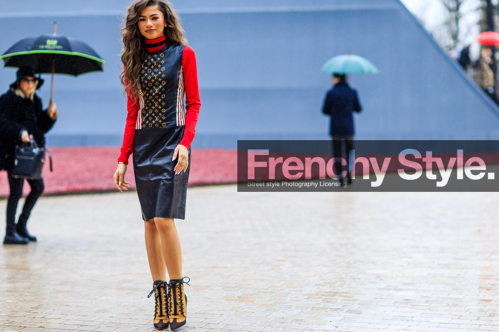 atmosphere details, AUTUMN WINTER 2016-2017, AW 16-17, beige boots, black dress, curly hair, FALL WINTER 2016-2017, fashion week, frenchystyle, full length, FW, FW 16-17, geometric, graphic dress, high heels, horizontal, jonathan paciullo, lace up shoes, leather dress, leather shoes, louis vuitton, monogram, PARIS, PFW, printed dress, red sweater, street style, striped dress, suede shoes, turtleneck sweater