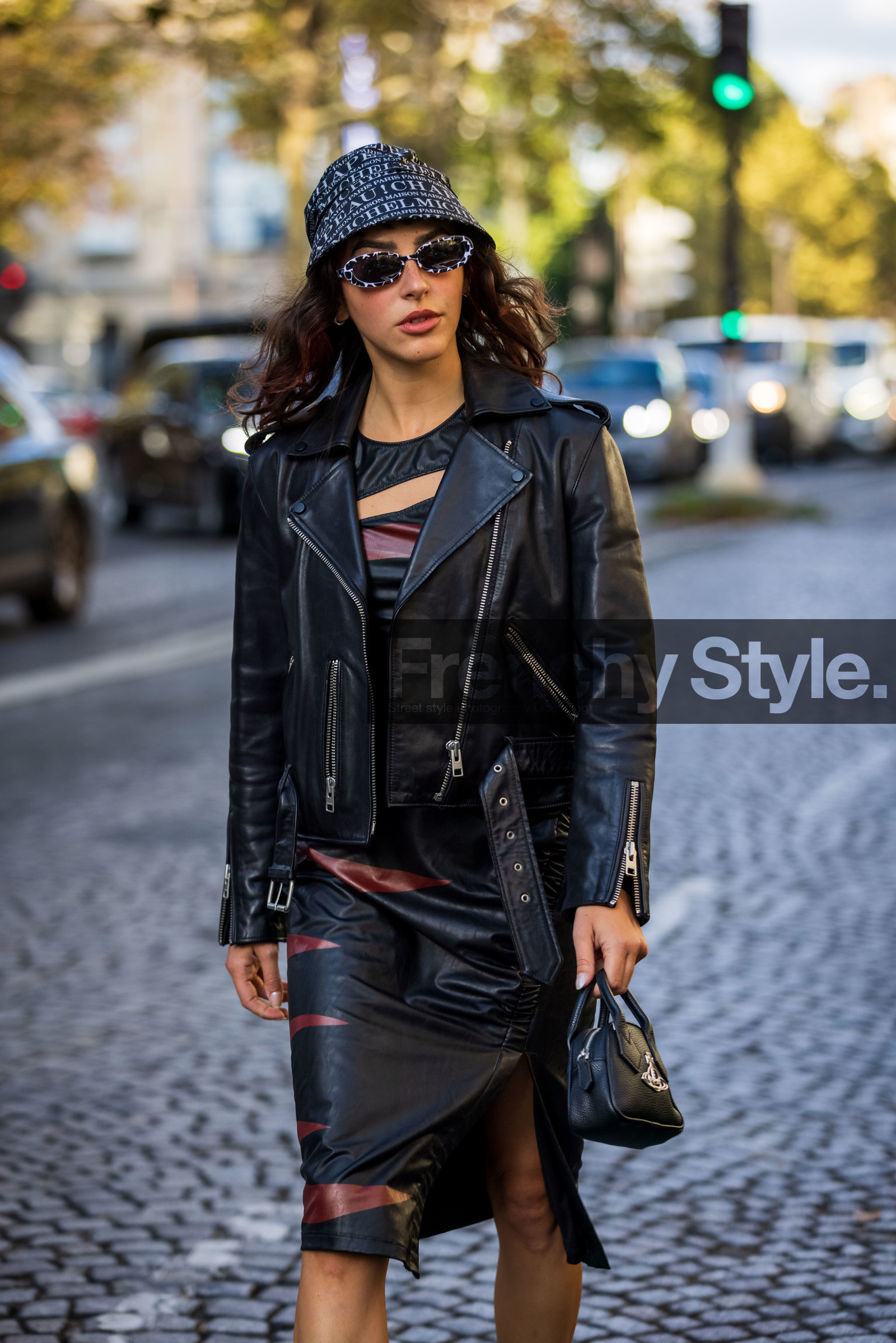 animal print, bag, Barbara Malewicz, black and white sunglasses, black bag, black bob, black dress, black perfecto, bob, dress, leather bag, leather dress, leather perfecto, maison michel hat, perfecto, print, printed bob, printed dress, sunglasses, street style, jonathan paciullo, FW, frenchystyle, fashion week, PFW, PARIS, SPRING SUMMER 2022, SS 22, vertical, atmosphere details