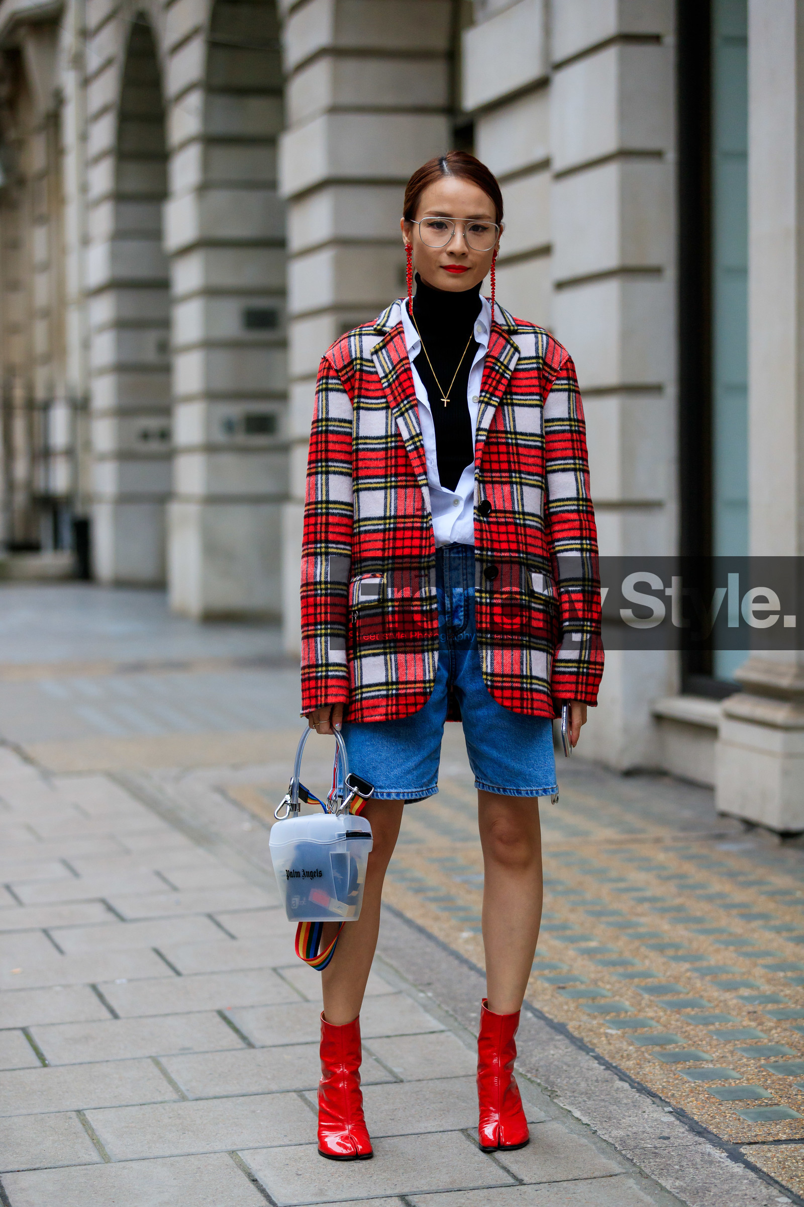 black sweater, blue denim, checked, denim shorts, earrings, graphic jacket, high heels, leather bag, leather shoes, maison martin margiela, necklace, palm angels, plaid, printed jacket, red boots, red jacket, tabi shoes, tartan, transparent bag, turtleneck sweater, varnished leather shoes, white shirt, street style, jonathan paciullo, FW, frenchystyle, fashion week, LFW, LONDON, AUTUMN WINTER 2019-2020, AW 19-20, FW 19-20, FALL WINTER 2019-2020, vertical, full length