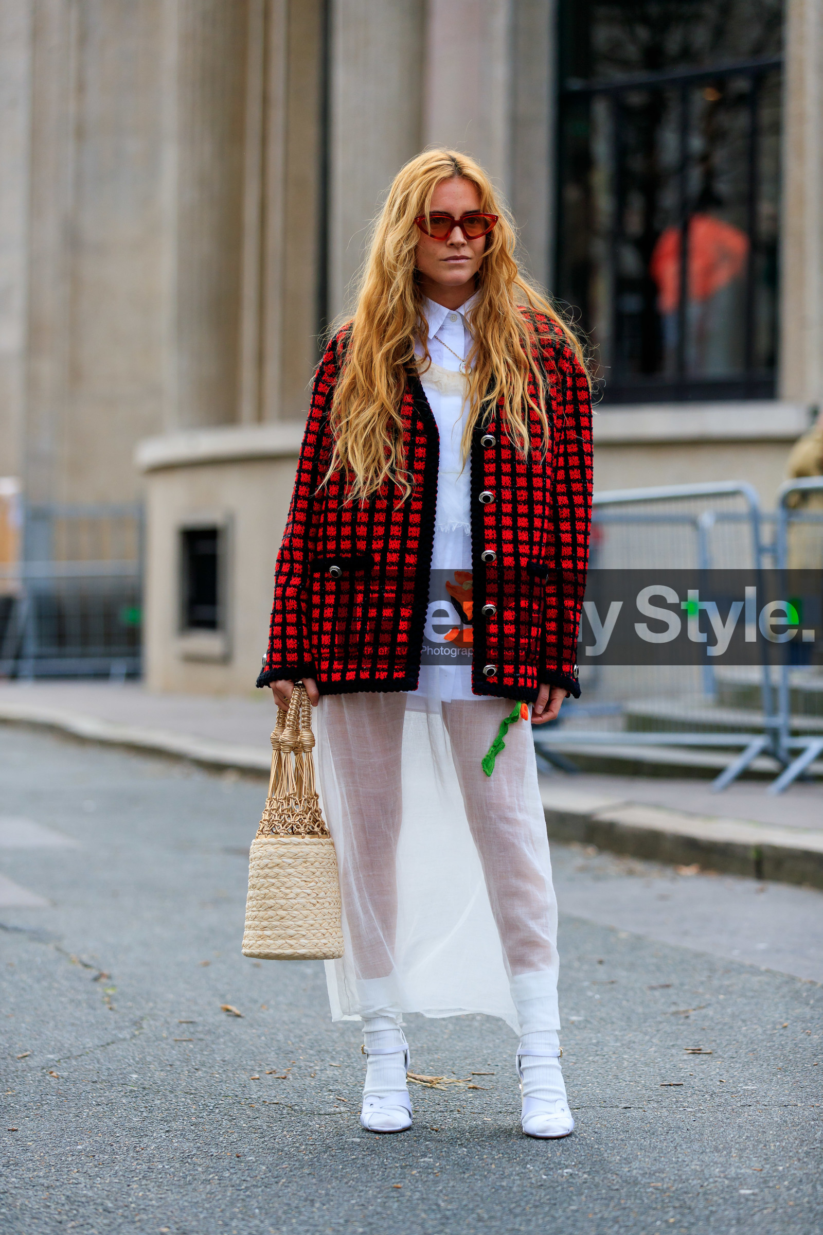 blanca miro scrimieri, red sunglasses, red jacket, black jacket, black cardigan, red cardigan, checked cardigan, white dress, lace dress, floral embroidered dress, long dress, sheer dress, white socks, white leather sandals, hand bag, straw bag, basket bag, light beige bag, golden bag, plaited bag, sequins cardigan, sequins jacket, futurist shape sunglasses, fashion week, frenchystyle, FW, jonathan paciullo, street style, PFW, PARIS, vertical, full length