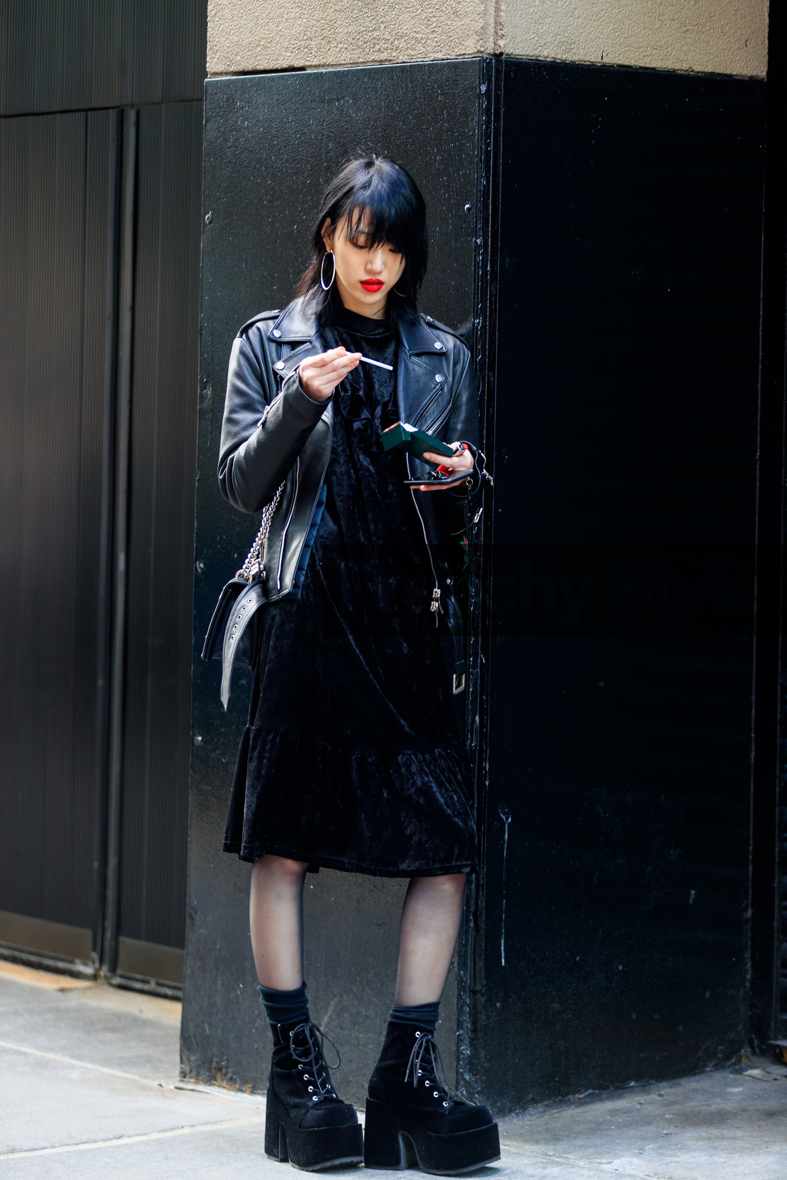black dress, black jacket, black perfecto, black shoes, high heels, leather jacket, leather perfecto, leather shoes, red lips, tights, tone on tone, total look black, velvet, street style, jonathan paciullo, FW, frenchystyle, fashion week, NYFW, NEW YORK, AUTUMN WINTER 2018-2019, AW 18-19, FALL WINTER 2018-2019, FW 18-19, vertical, full length, model, sora choi