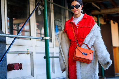 earrings, Fur coat, leather bag, off the shoulder, orange bag, red jumpsuit, sunglasses, white coat, white fur, white sweater, street style, jonathan paciullo, FW, frenchystyle, fashion week, NYFW, NEW YORK, AUTUMN WINTER 2018-2019, AW 18-19, FALL WINTER 2018-2019, FW 18-19, atmosphere details, horizontal, detail, bettina looney