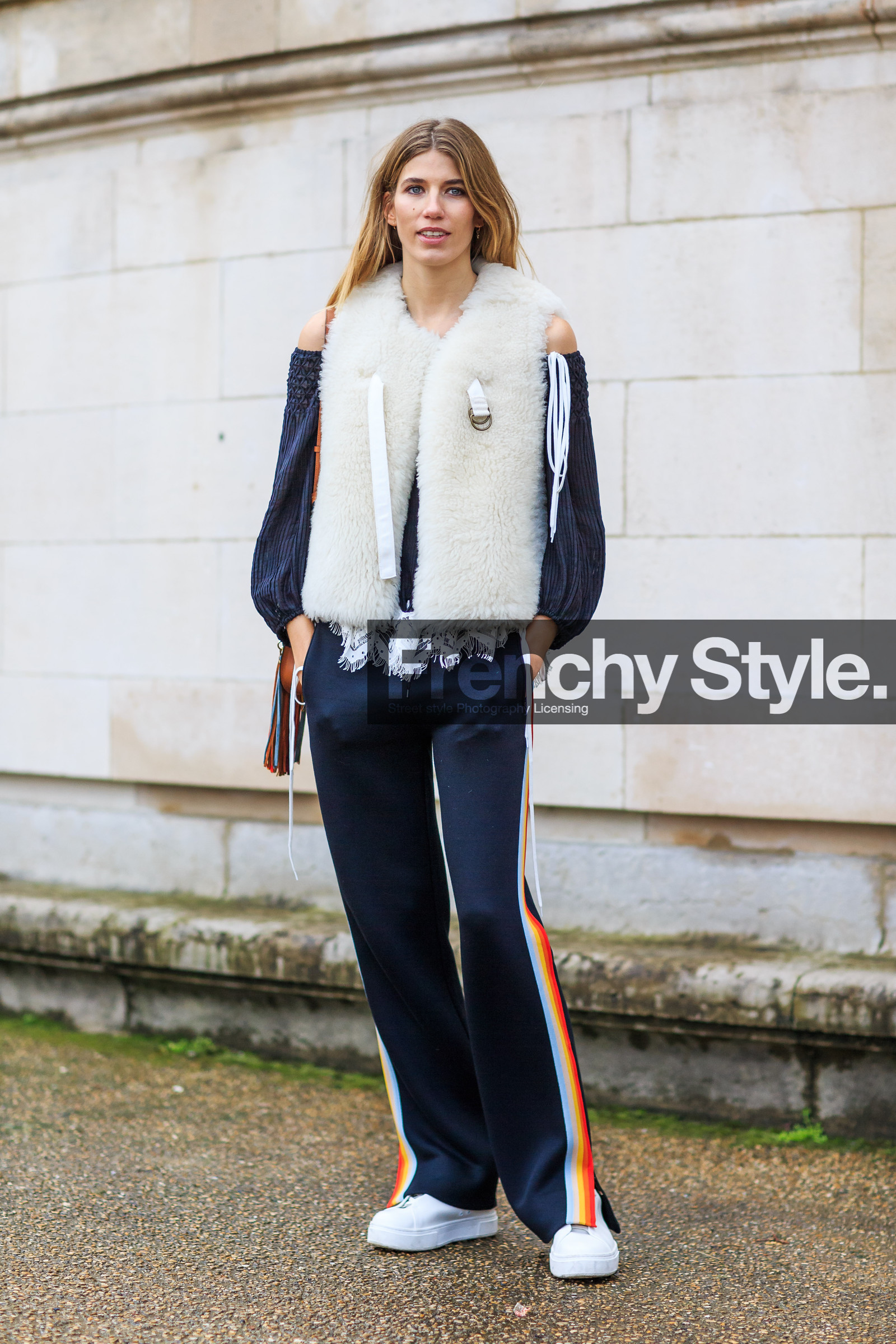 AUTUMN WINTER 2016-2017, AW 16-17, black pants, black top, chloe, FALL WINTER 2016-2017, fashion week, frenchystyle, full length, fur jacket, FW, FW 16-17, geometric, graphic pants, jonathan paciullo, leather sneakers, off the shoulder, PARIS, PFW, printed pants, shearling, sleeveless, street style, striped pants, stripes, sweatpants, trousers, veronika heilbrunner, vertical, white fur, white jacket, white sneakers