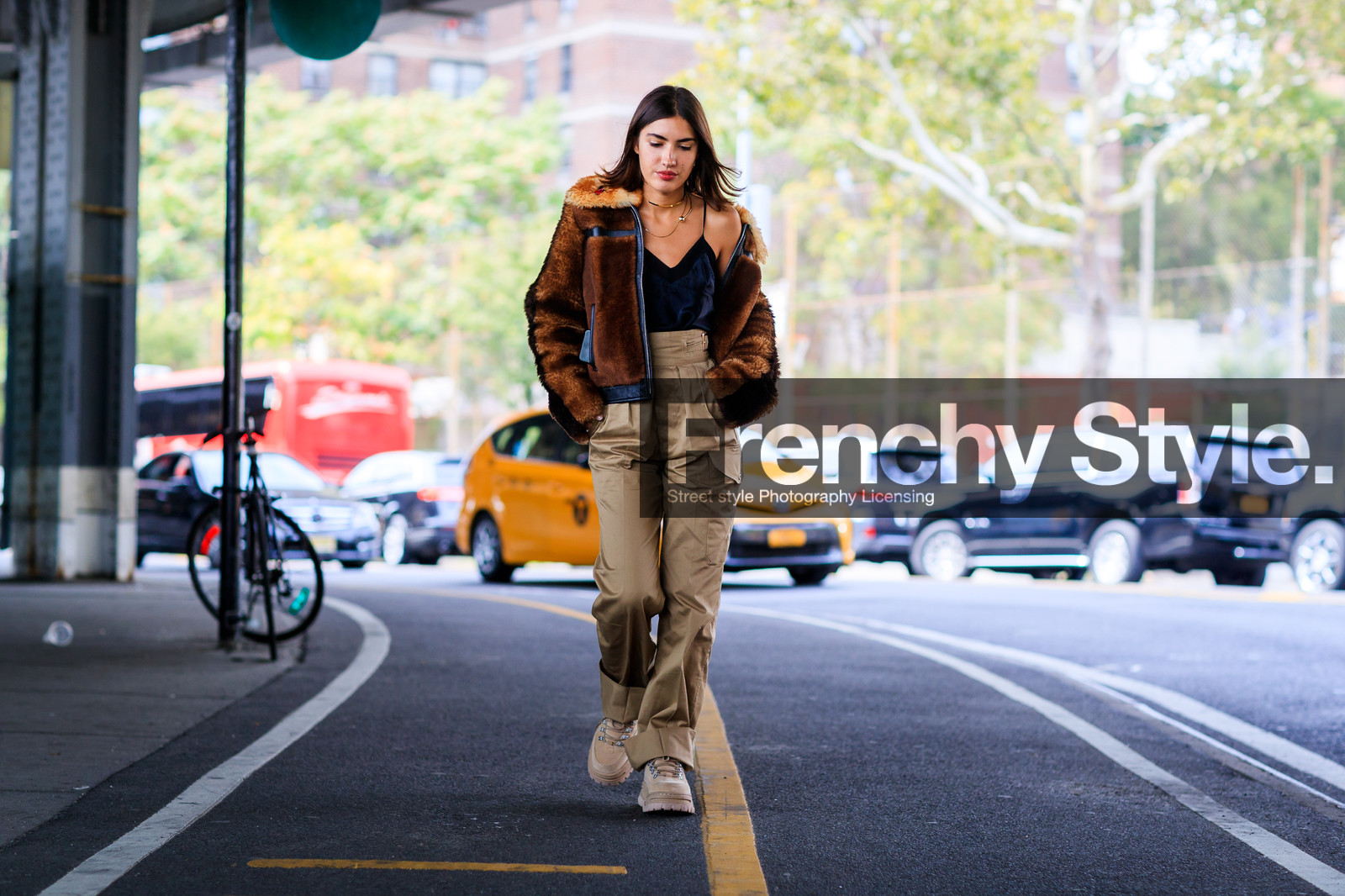 atmosphere details, beige boots, beige pants, black tank top, brown fur, brown jacket, fashion week, frenchystyle, full length, fur jacket, FW, high waist, horizontal, jonathan paciullo, leather shoes, NEW YORK, NYFW, patricia manfield, SPRING SUMMER 2018, SS 18, street style, trousers